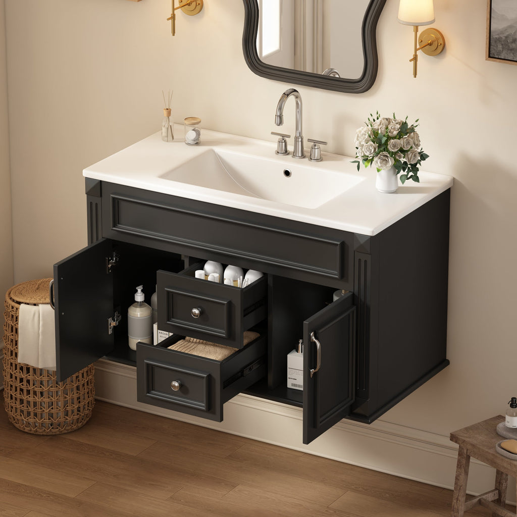 36 Inch Wall Mounted Bathroom Vanity with Ceramic Sink - Multiple Colors