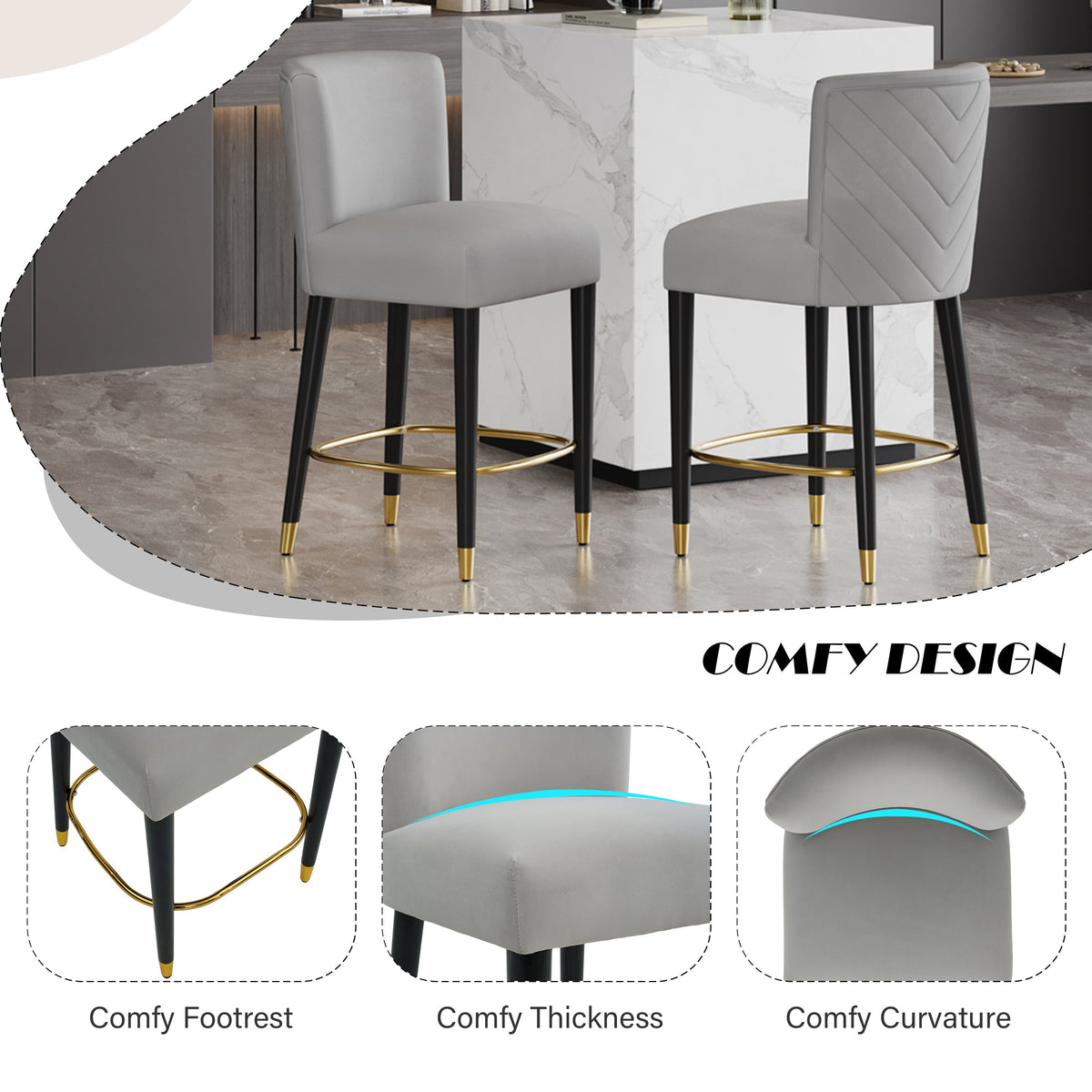 27-Inch Modern Counter Stool with Circular Footrest - Light Fabric