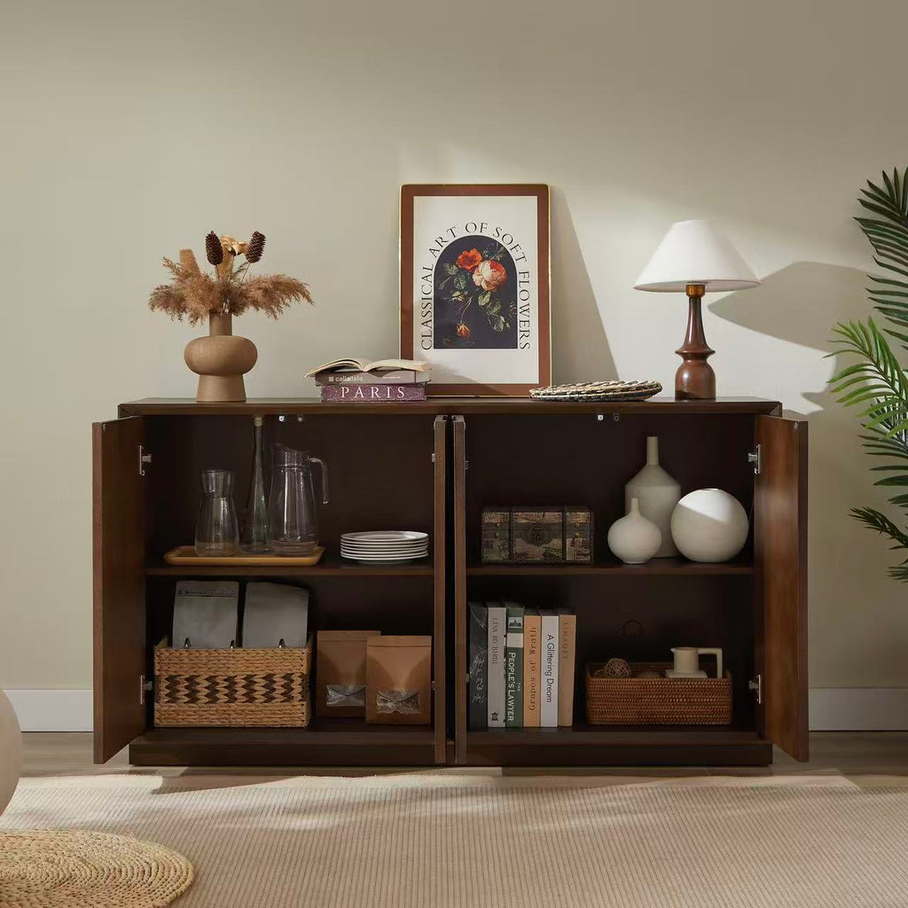 4 Door Accent Cabinet with Solid Wood Carved Doors - Natural Walnut