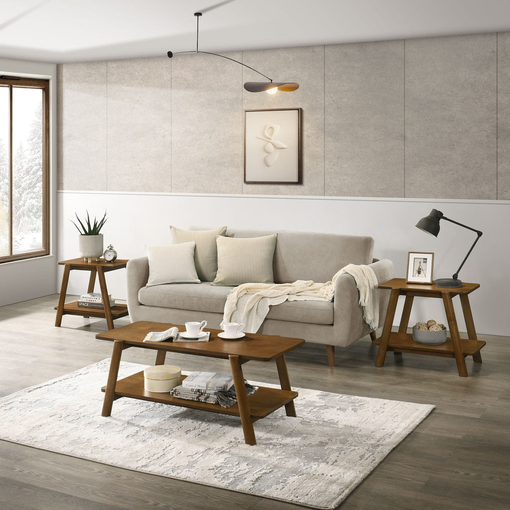 Mid-Century Modern Wood Shelf 3 Piece Coffee Table Set with Storage Shelf - Walnut