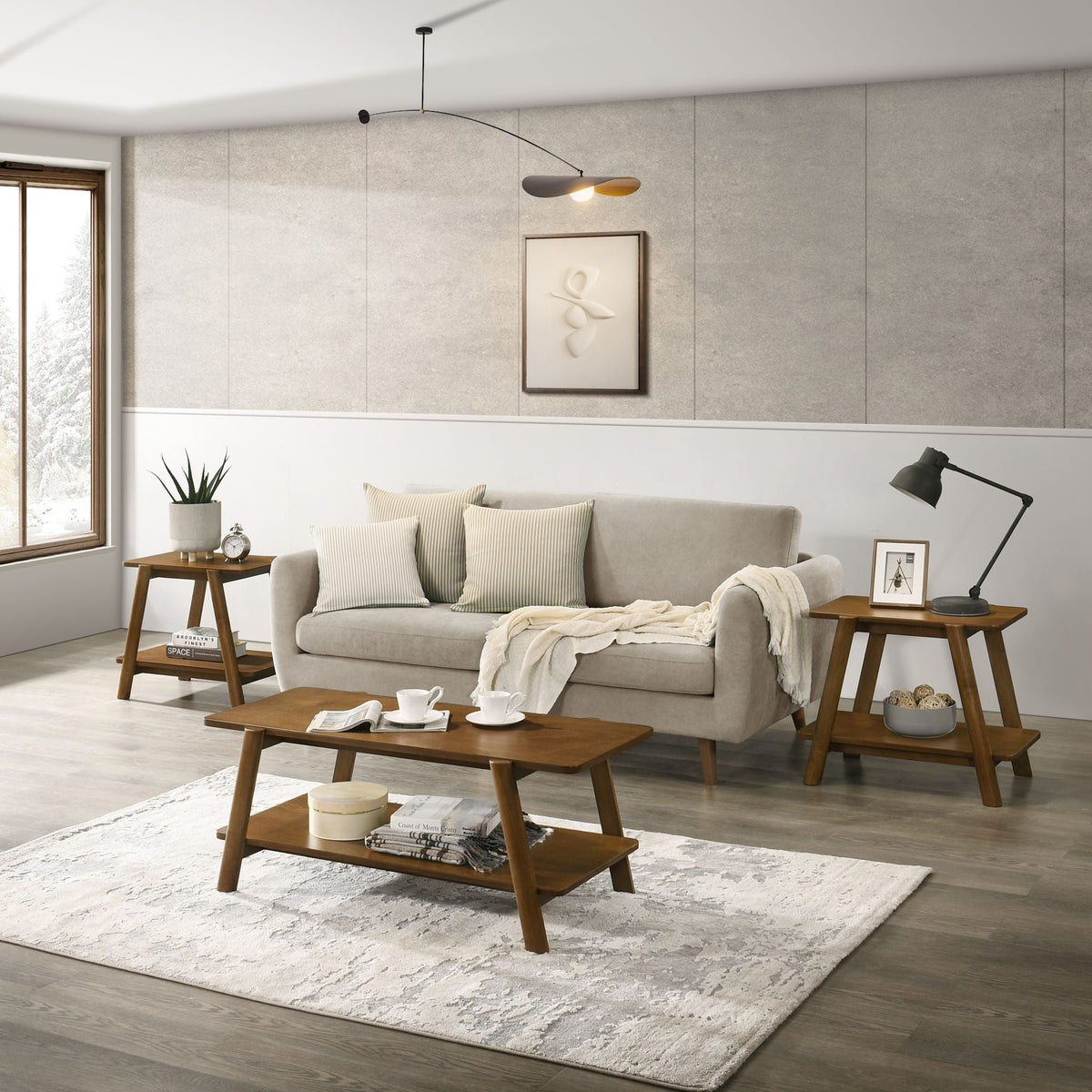 Mid-Century Modern Wood Shelf 3 Piece Coffee Table Set with Storage Shelf - Walnut