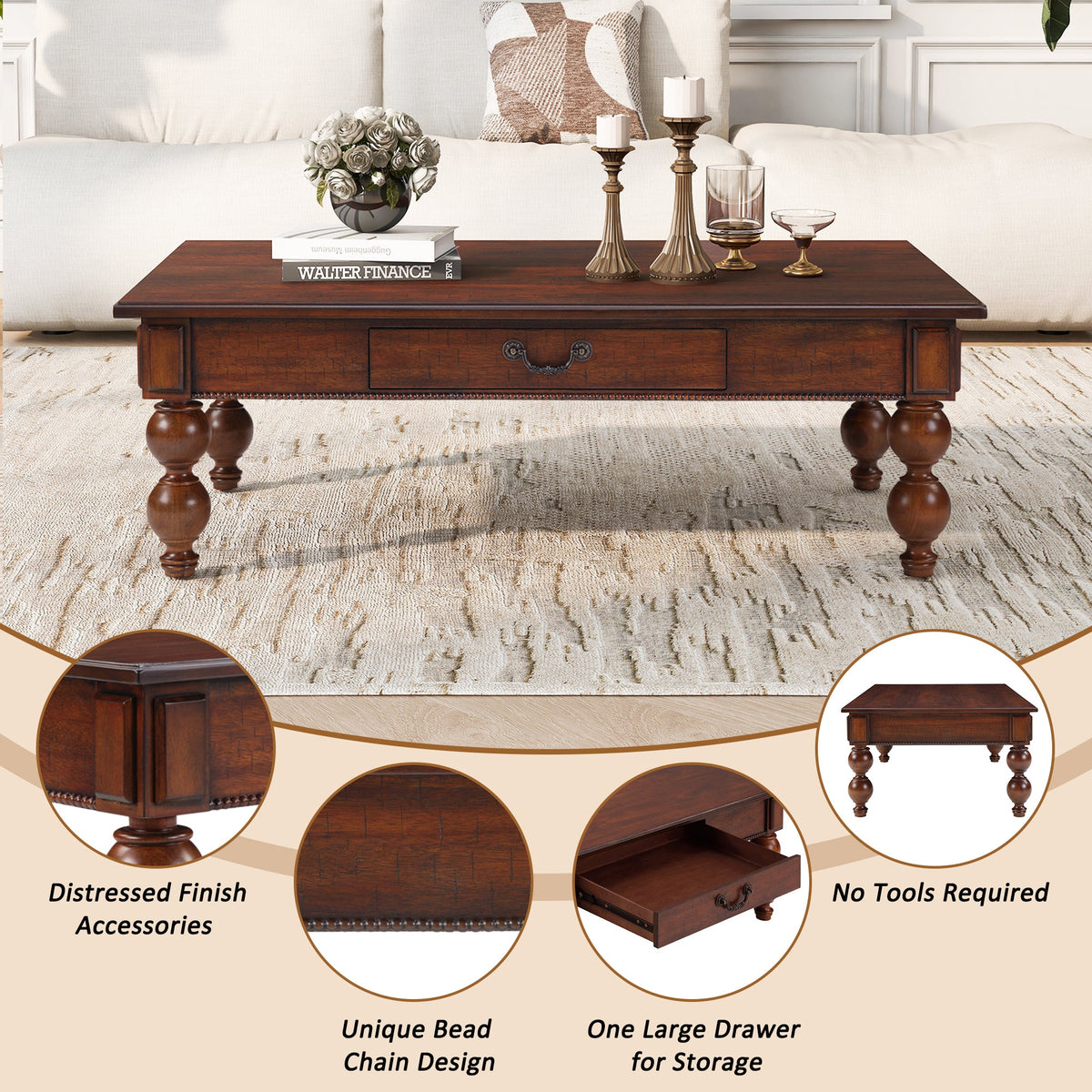 Rectangular Wooden Coffee Table with Storage Drawer - Walnut