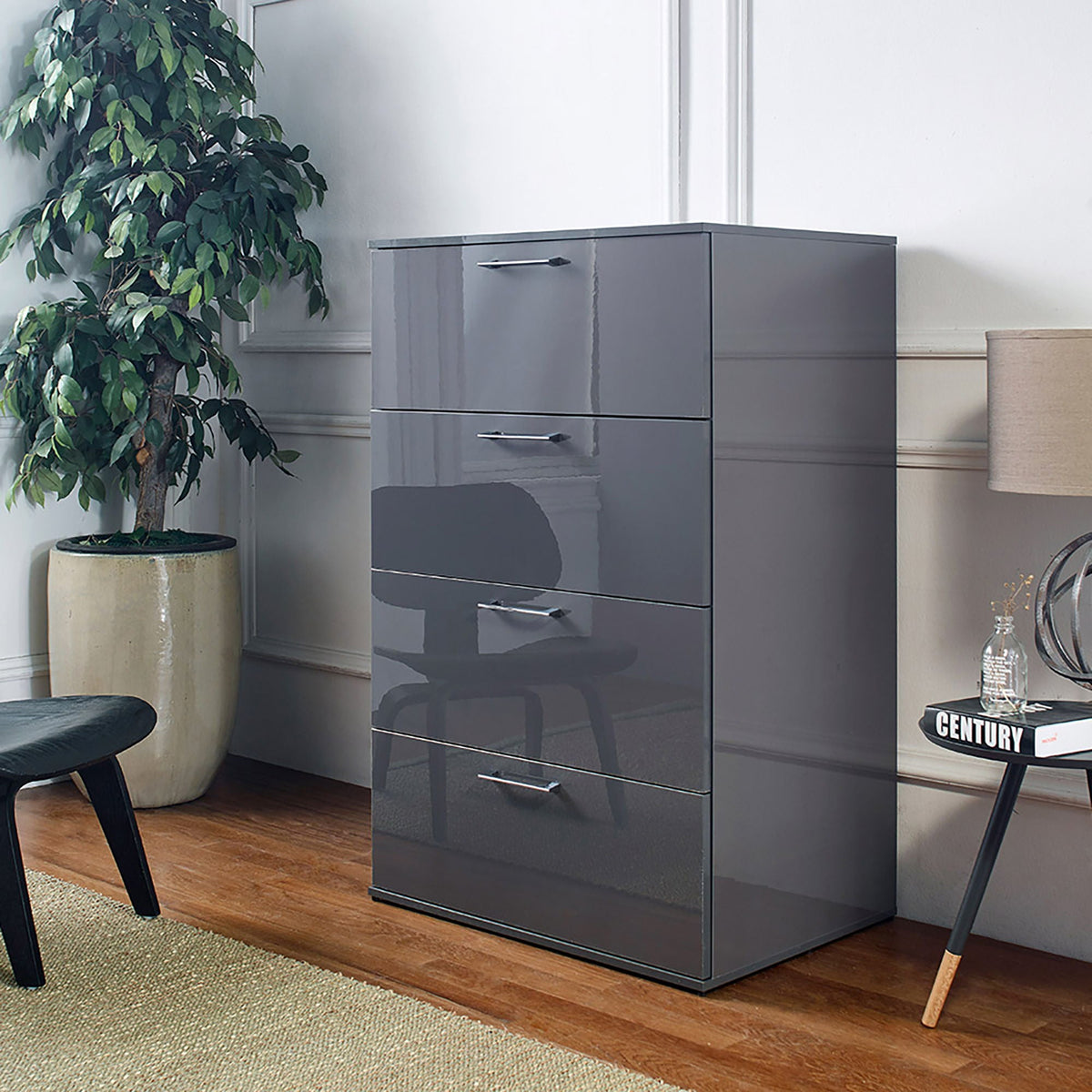 Glossy 4 Drawer Accent Chest with Deep Storage - Dark Gray or White