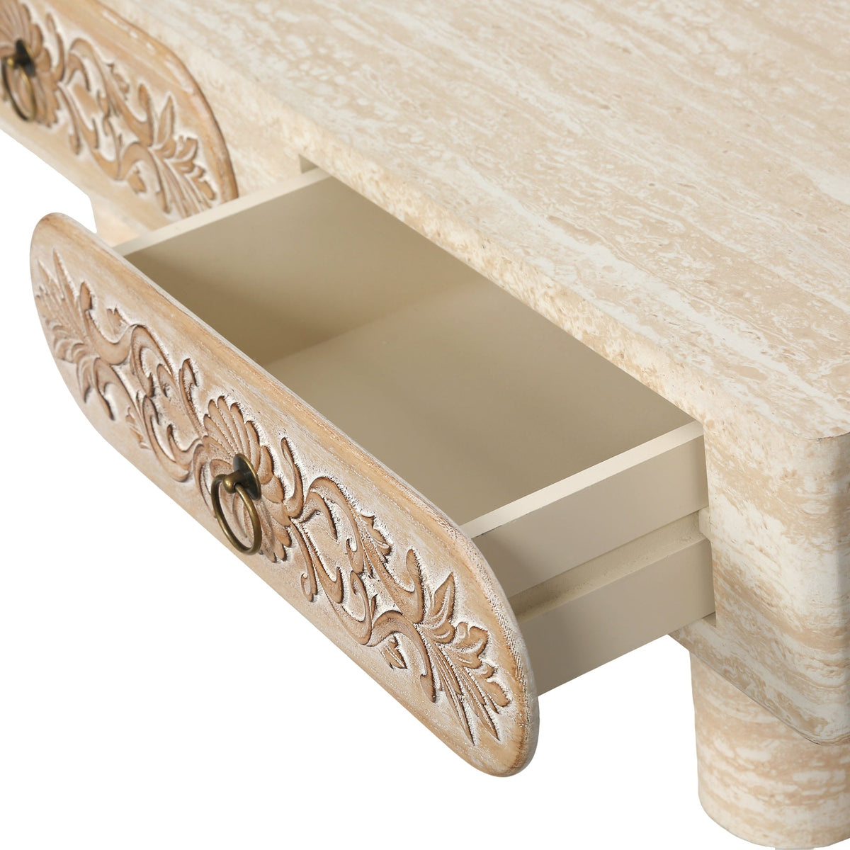 Rounded Edge Coffee Table with Solid Wood Drawer - Flower Pattern