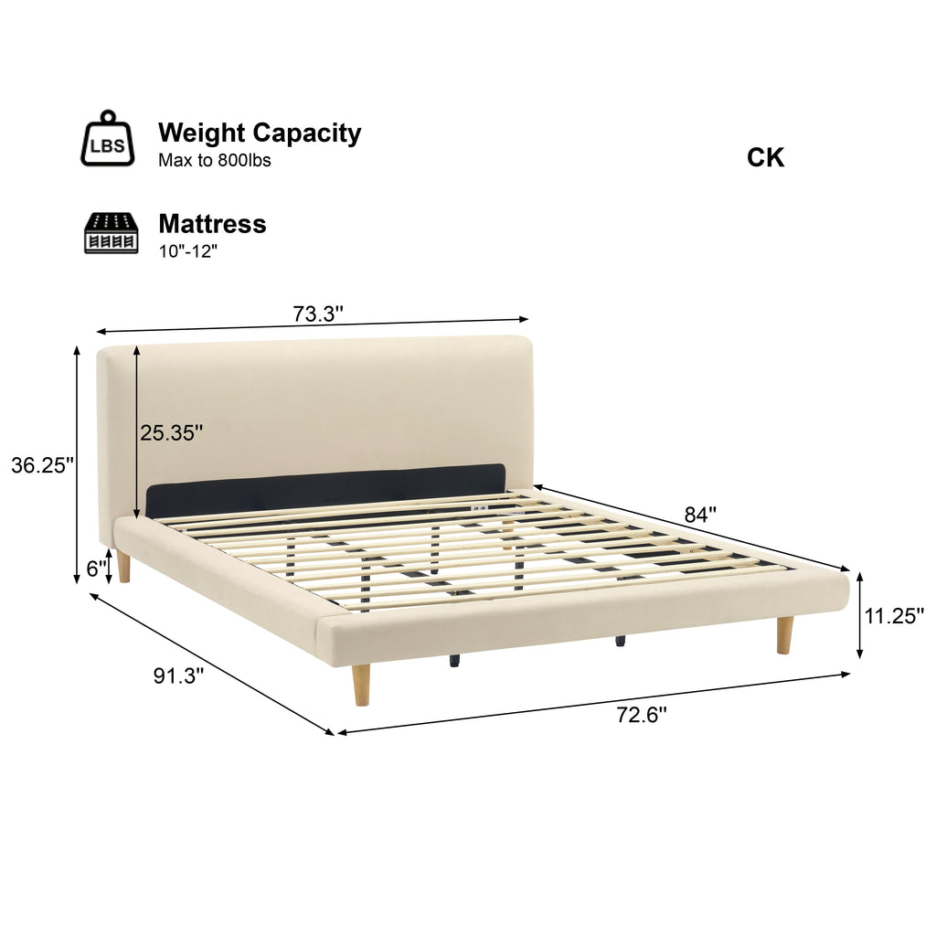 Beige Chunky Headboard Bed Frame with Solid Rubberwood Legs - Cal-King