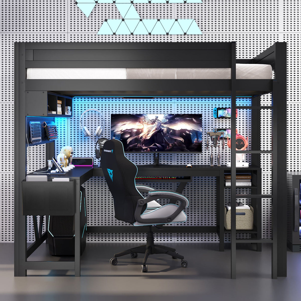 Gaming Loft Bed With Desk, Storage Shelves, LED and Charging Station - Full