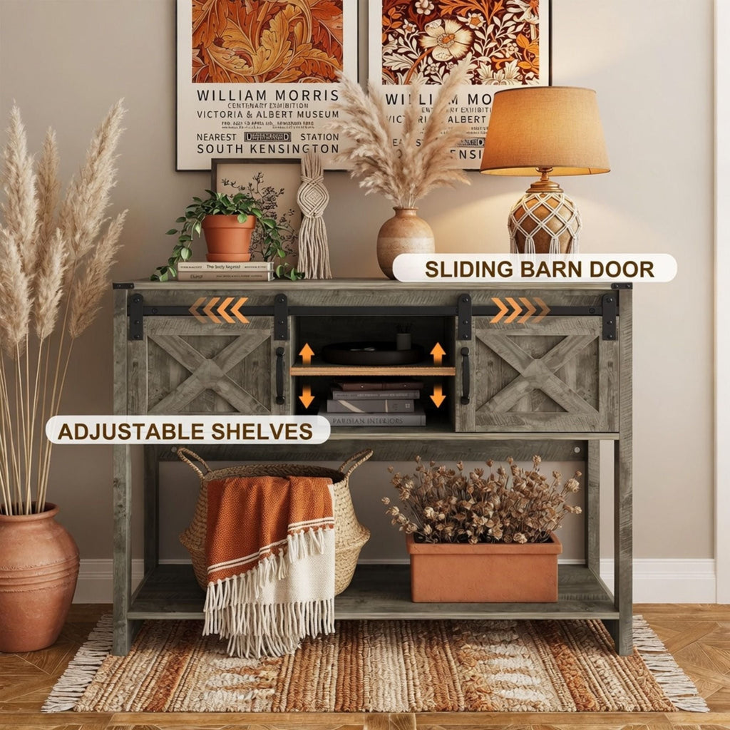Farmhouse Entryway Table with Sliding Barn Door - Gray, Dark Gray, White, Black