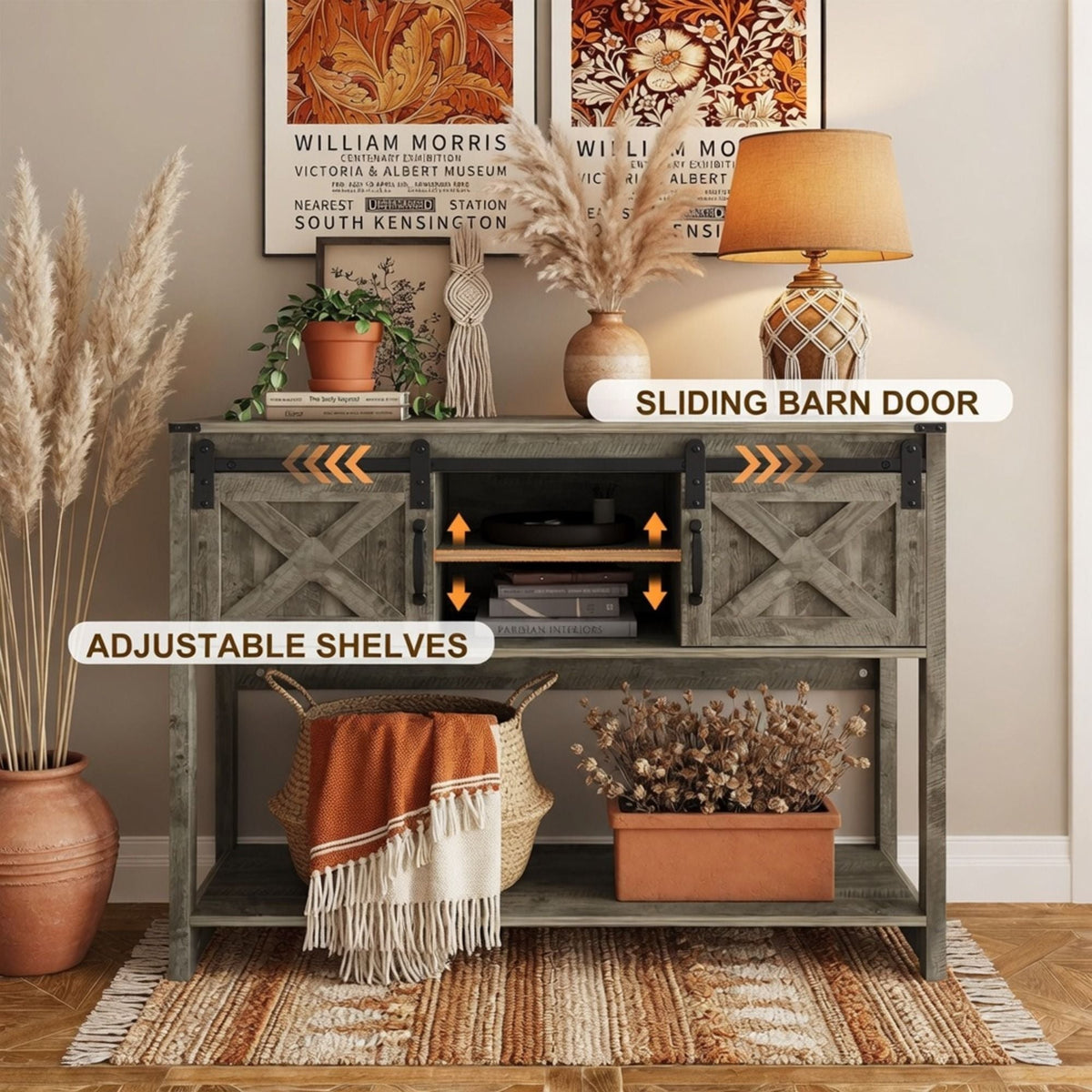 Farmhouse Entryway Table with Sliding Barn Door - Gray, Dark Gray, White, Black