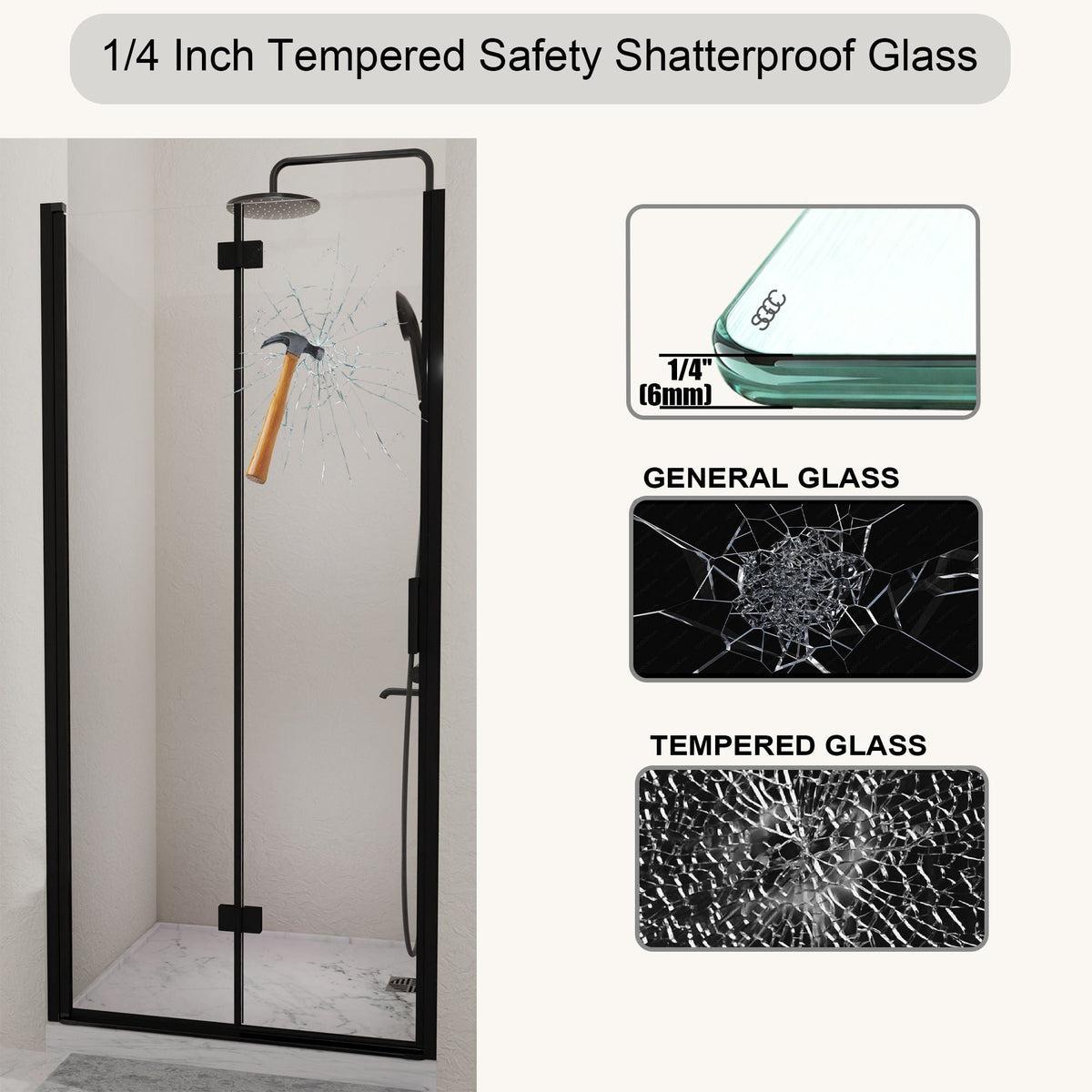 Semi Frameless Bifold Pivot Shower Door with Reversible Installation - Black