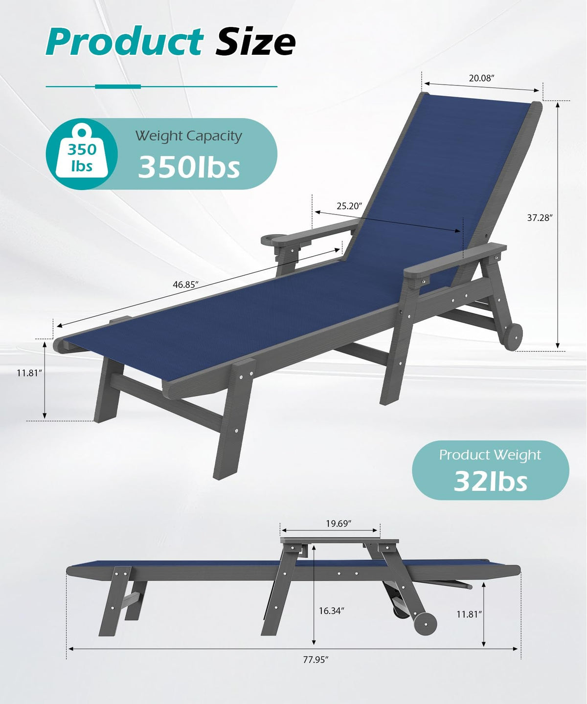 Outdoor Pool Lounge Chairs Set of 2 with Adjustable Backrest - Navy Blue or Grey