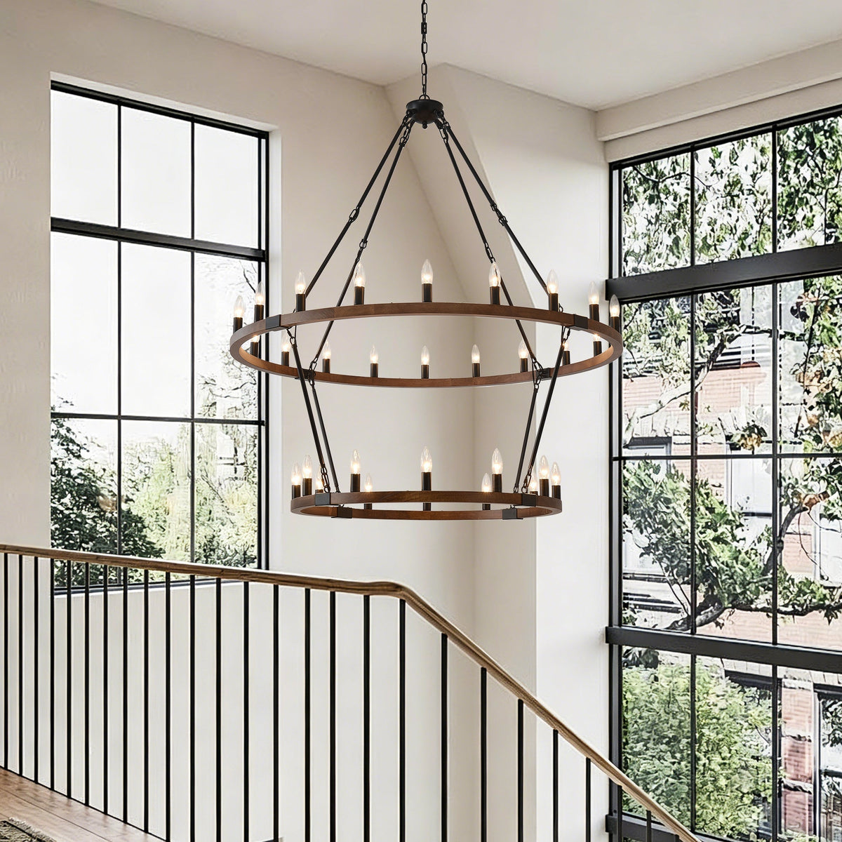Large Solid Wood Wagon Wheel Chandelier with 2-Tier 32 Lights