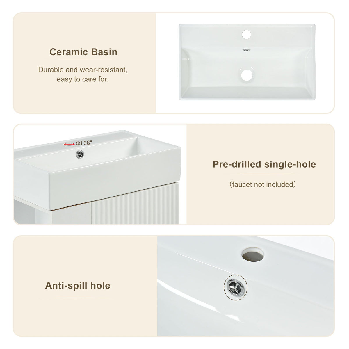 Bathroom Vanity with Single Ceramic Sink and Side Storage - Multiple Colors