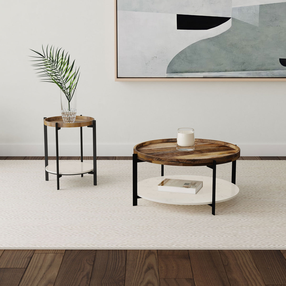 Natural Mango Wood Round End Table with White Marble Shelf - Natural