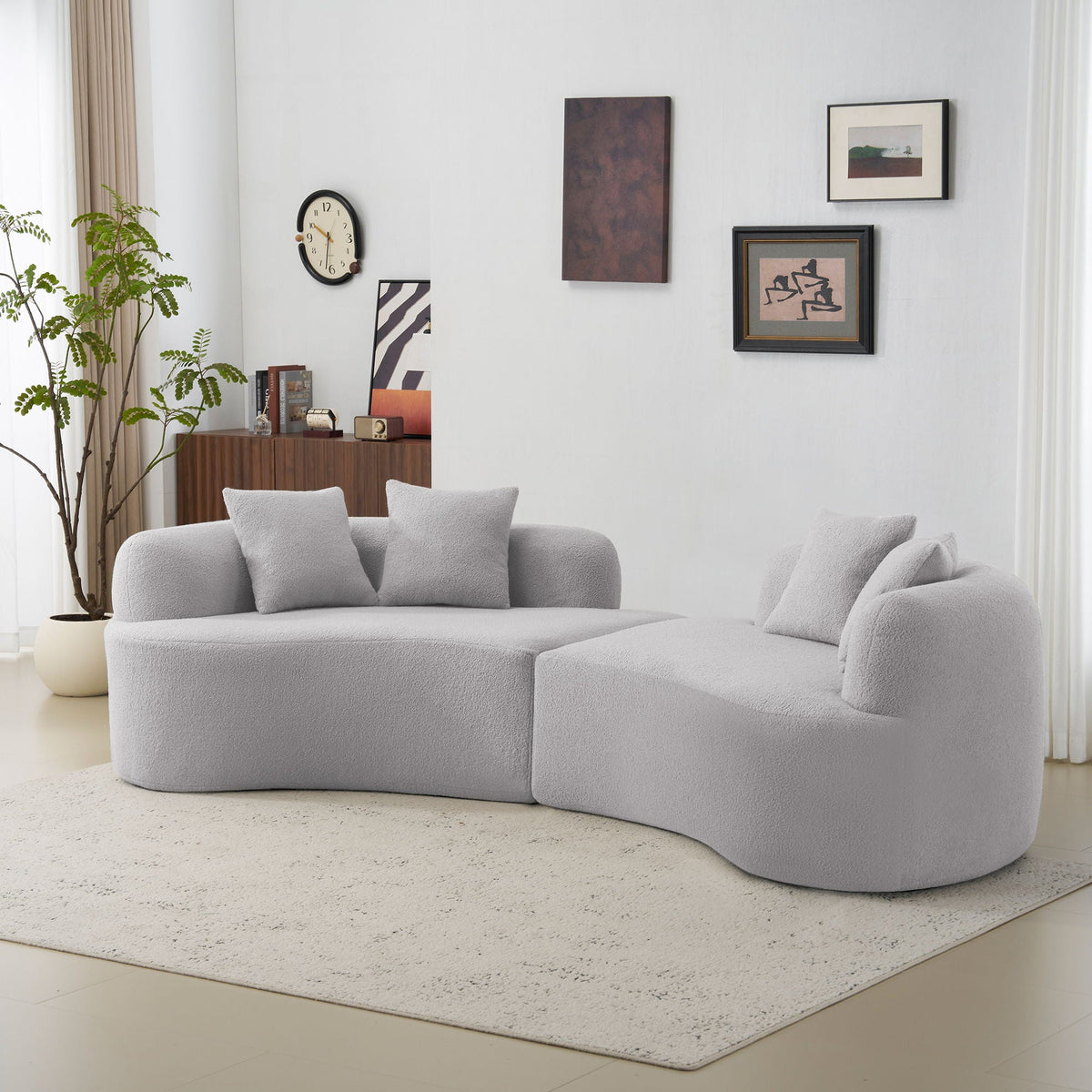 Curved 4 Seater Full Compression Sponge Sofa with Soft Upholstery - White or Gray