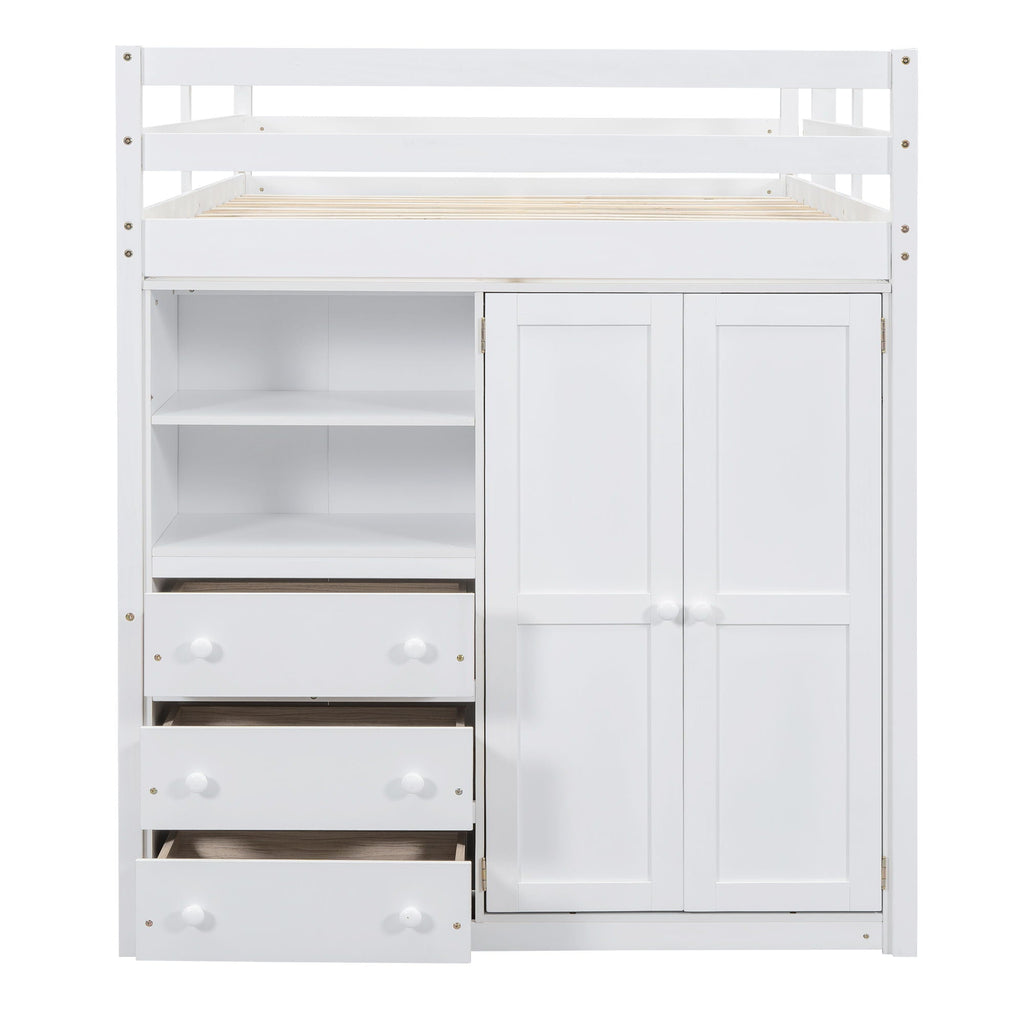 Full Size Loft Bed with Built-In Wardrobe, Shelves, and Drawers - White or Dark Gray