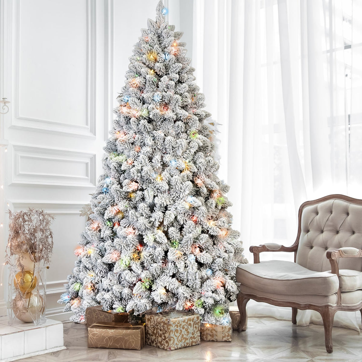 6FT Flocked Christmas Tree with 350 Colorful UL Lights - Green
