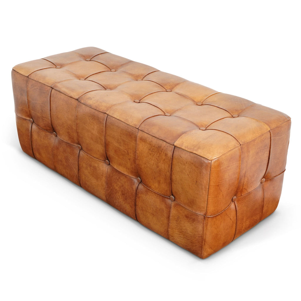 Tan Upholstered Bench with Solid Wood Frame - Genuine Leather