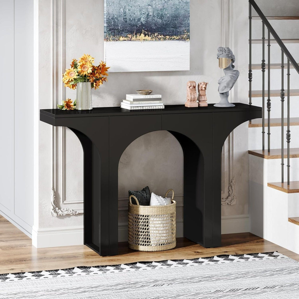 Black Console Table with Arched Base - Solid Wood & MDF