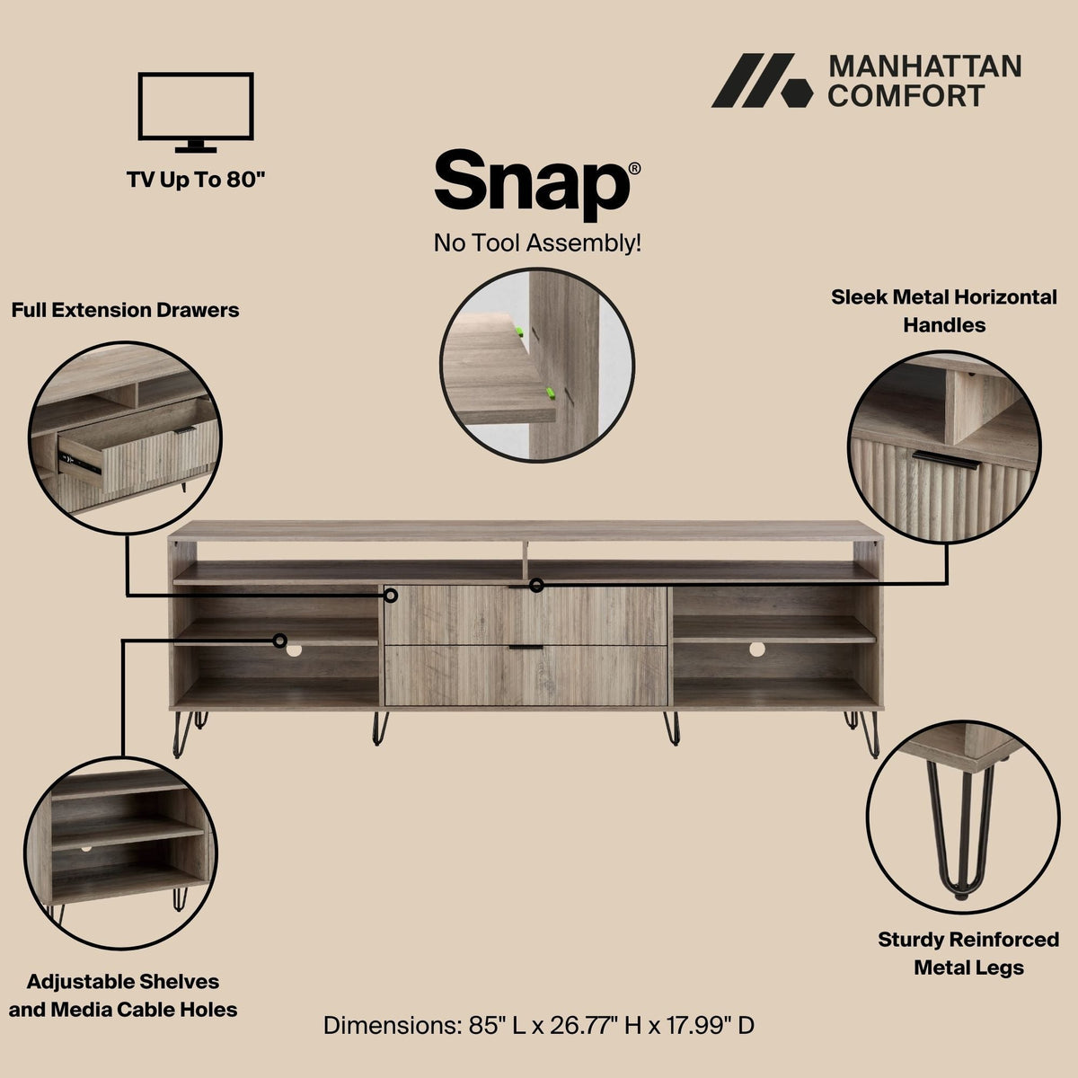 Fluted TV Stand with Storage and Metal Legs - Multiple Colors