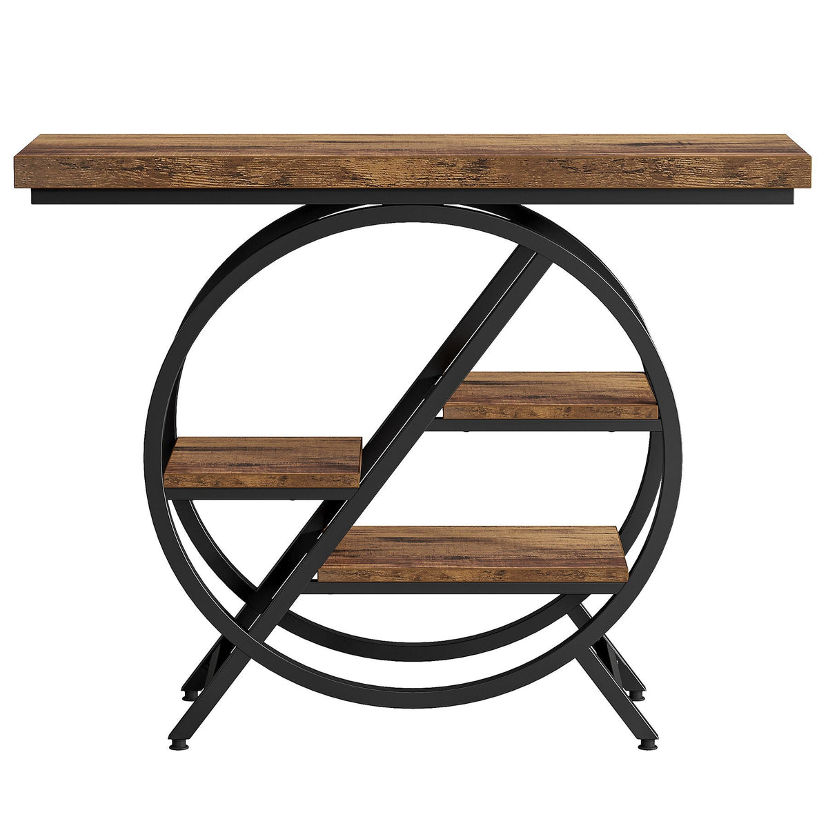 4 Tier Entryway Console Table with Geometric Circle Frame & Storage Shelves - Rustic Brown