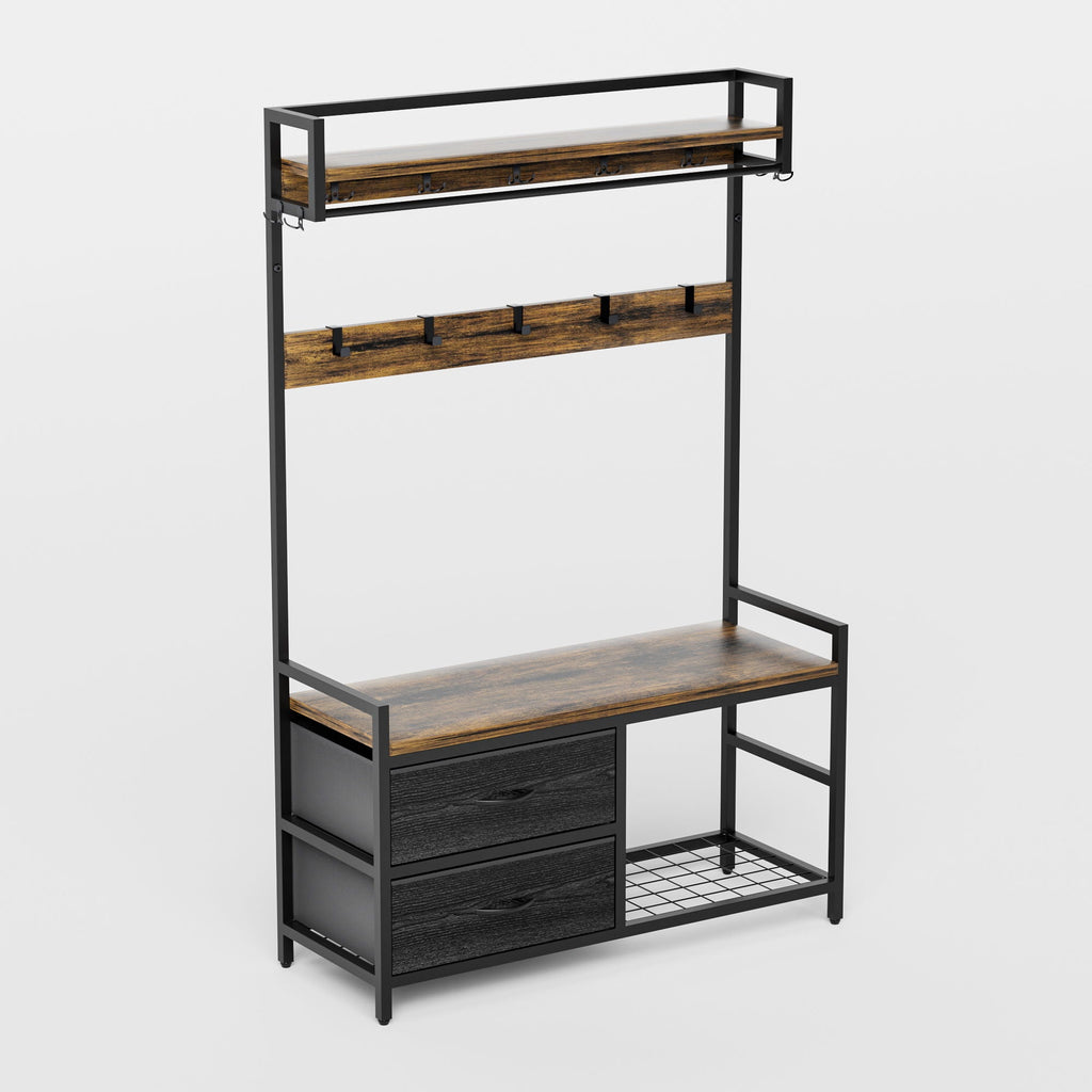 Rustic Brown Hall Tree With 2 Movable Drawers