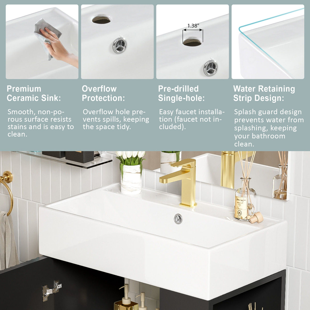 Bathroom Vanity with Single Ceramic Sink and Side Storage - Multiple Colors