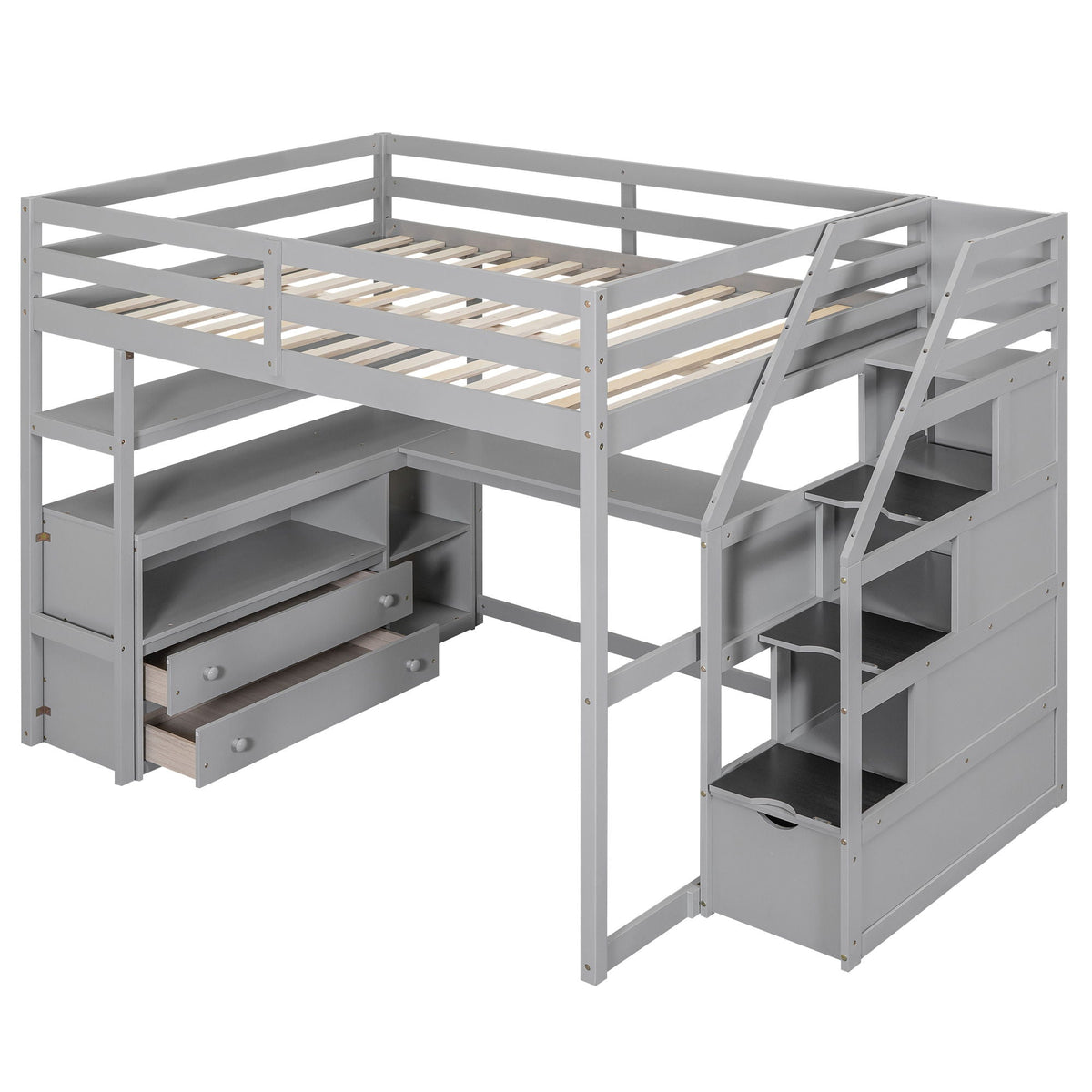 Loft Bed with Desk and Storage Staircase - Full or Twin, White or Gray