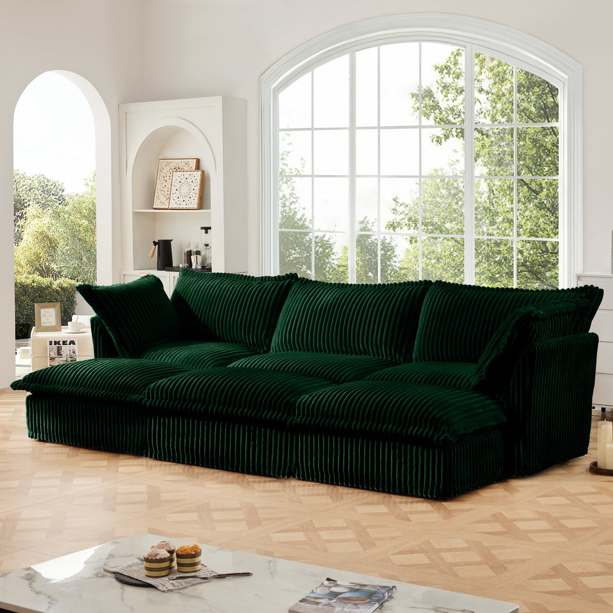 Slipcovered Living Room Sofa with 3 Ottomans - Corduroy