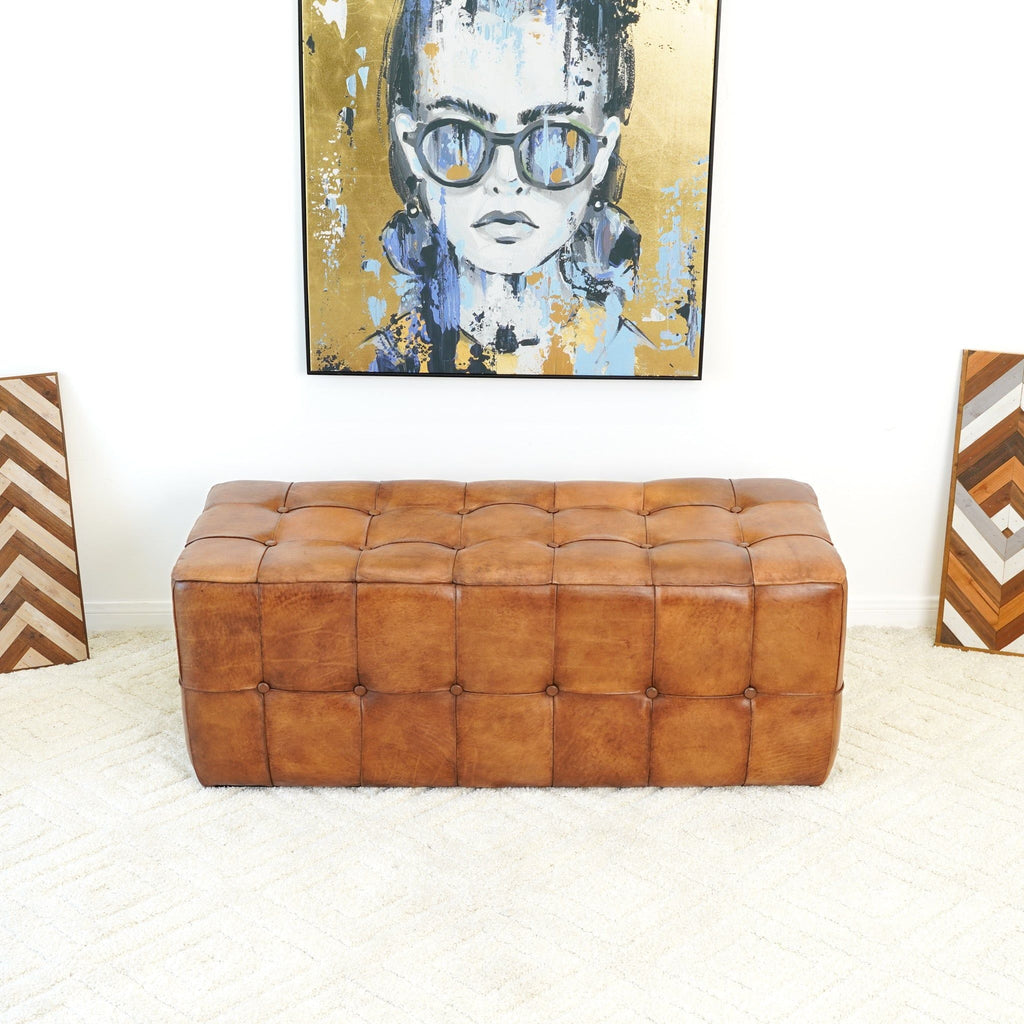 Tan Upholstered Bench with Solid Wood Frame - Genuine Leather