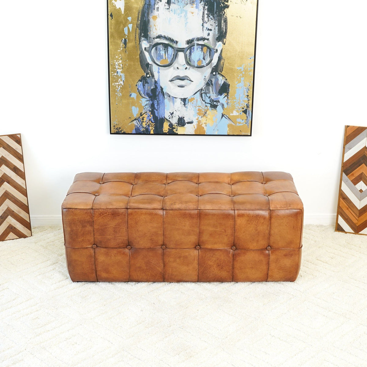 Tan Upholstered Bench with Solid Wood Frame - Genuine Leather