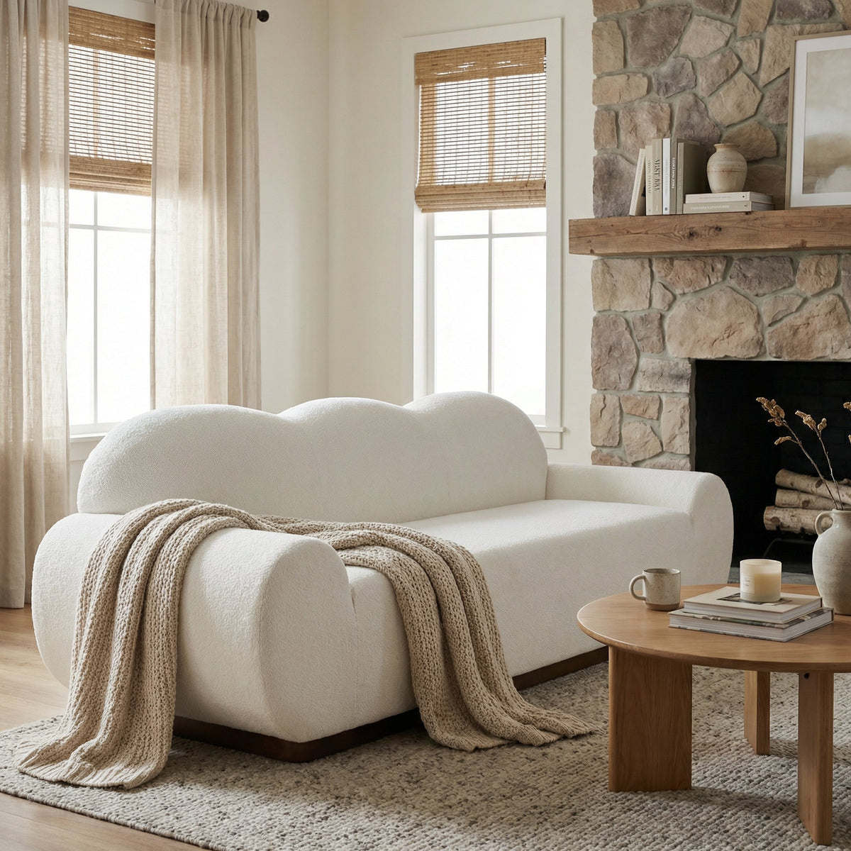 88 Inch Round Arm Cloud Curved 3-Seater Modern Upholstered Chenille Sofa with Durable Base - Snow