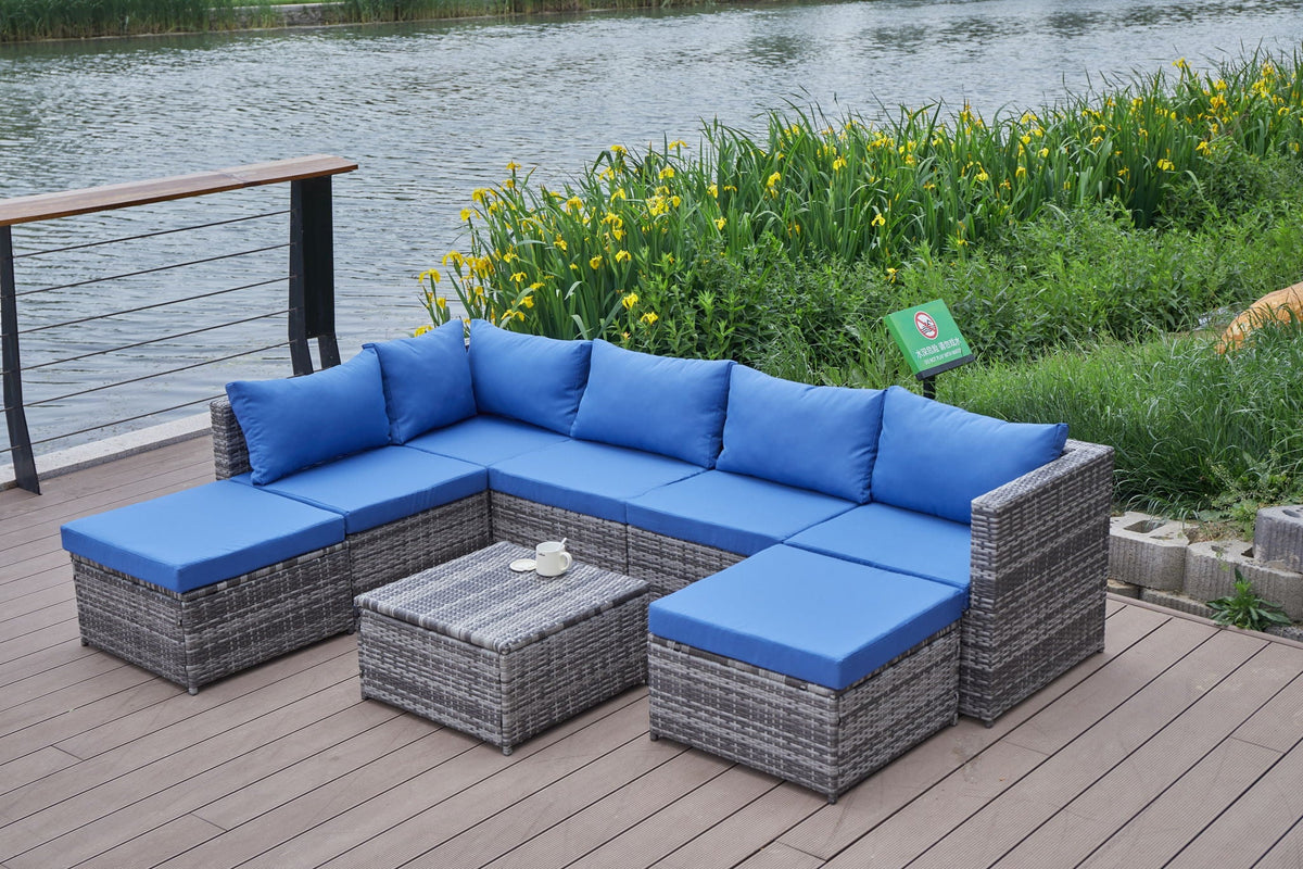 Dark Gray Patio Sofa With Cushions and Table - All-Weather Wicker