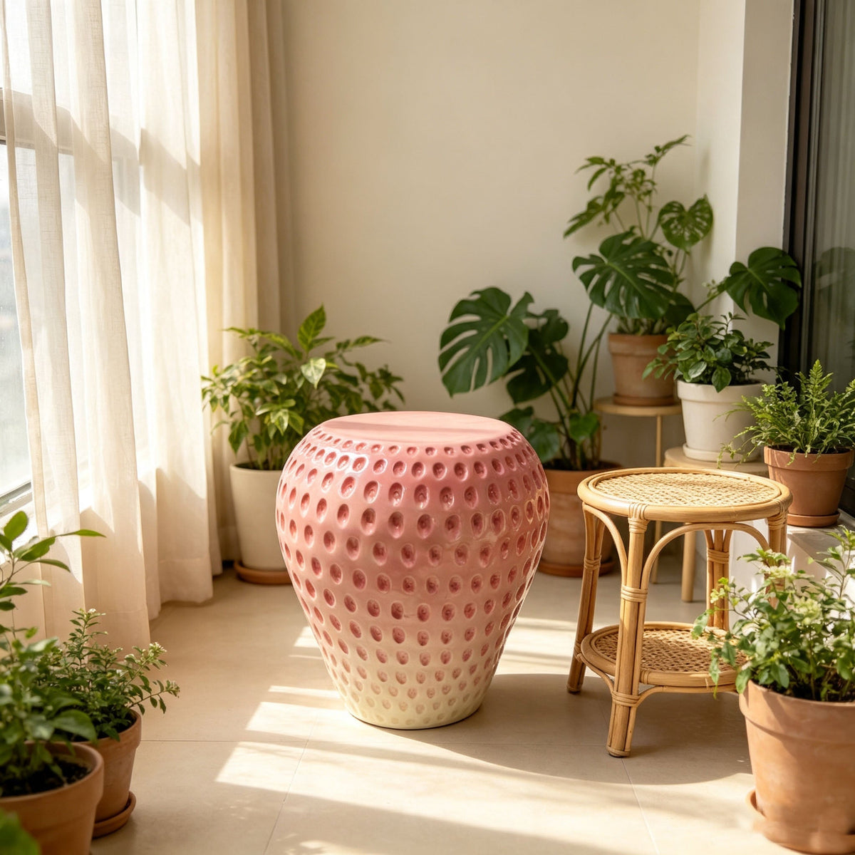 Strawberry Fruit Stool with Durable Resin Construction - Pink or Red
