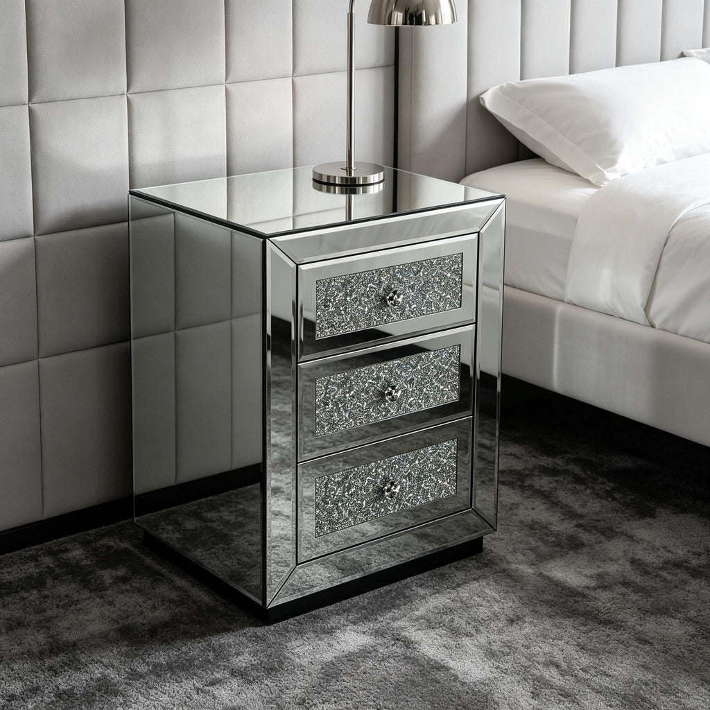 3 Drawer Nightstand with Glass Accents - Silver