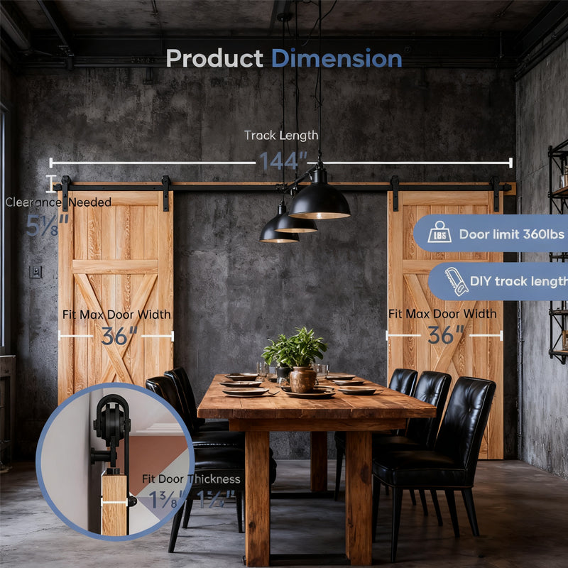 12FT Wood Double Sliding Barn Door Hardware with Smooth Steel Track - Black