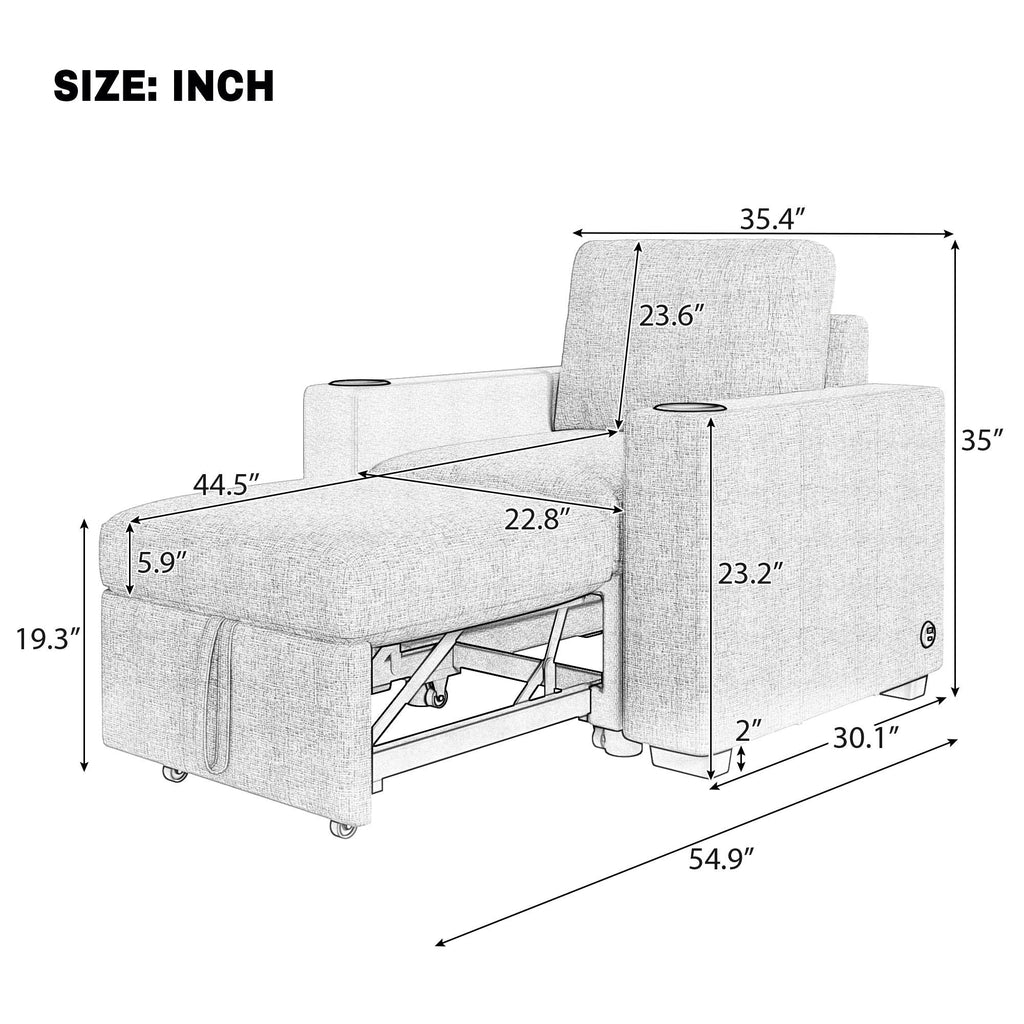 Single Pull Out Sofa Bed with USB Ports and Cup Holders - Dark Gray or Beige