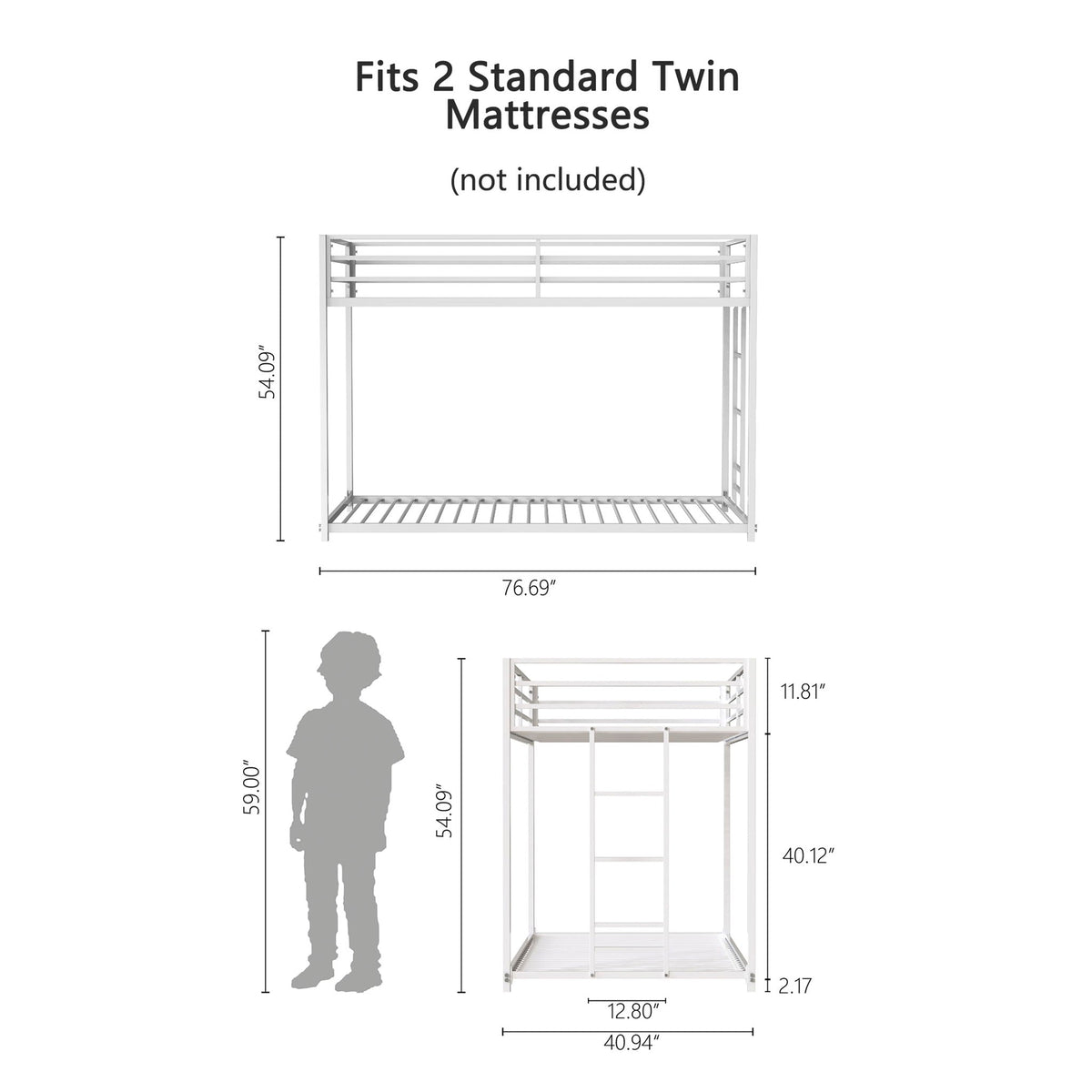 White Metal Bunk Bed with Reinforced Guardrails - Twin over Twin or Twin over Full