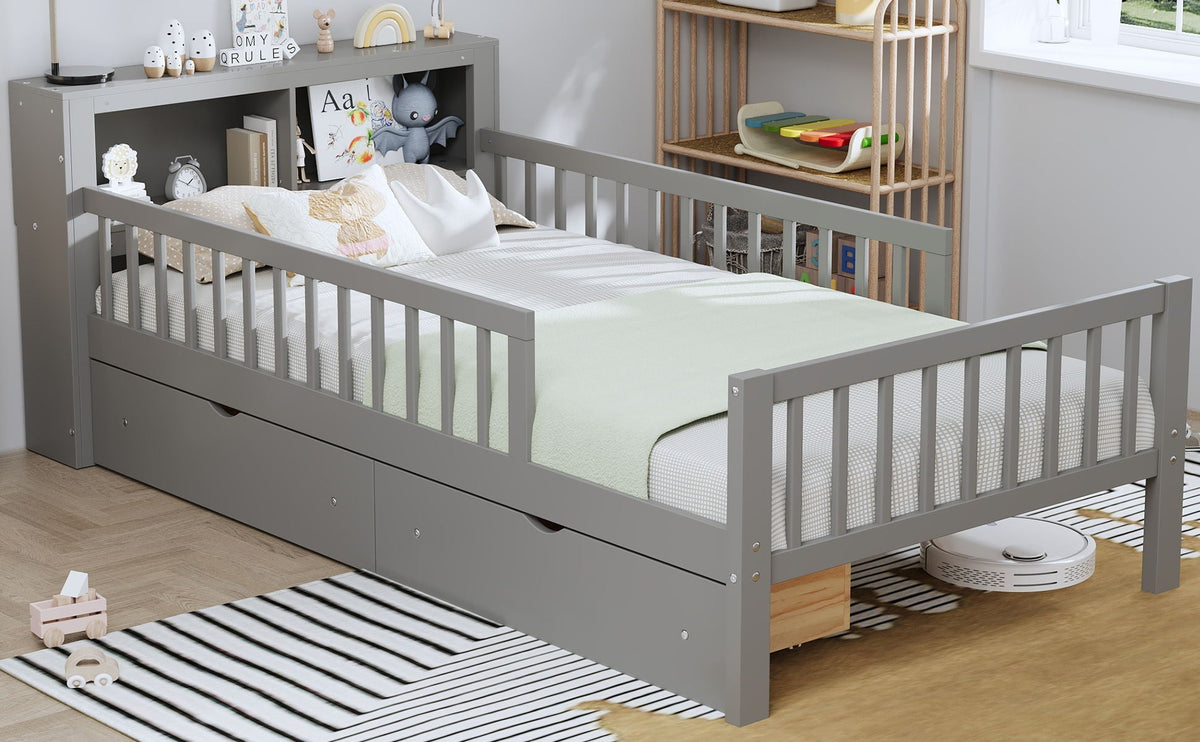 Twin Storage Bed with Headboard Rack & Under-Bed Drawers - Multiple Colors