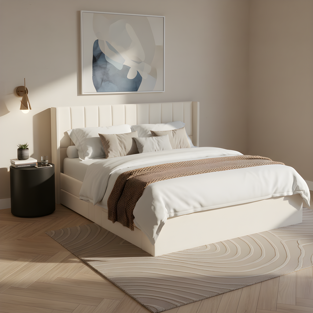 Large-Capacity Upholstered Storage Bed with Drawers - Light Beige
