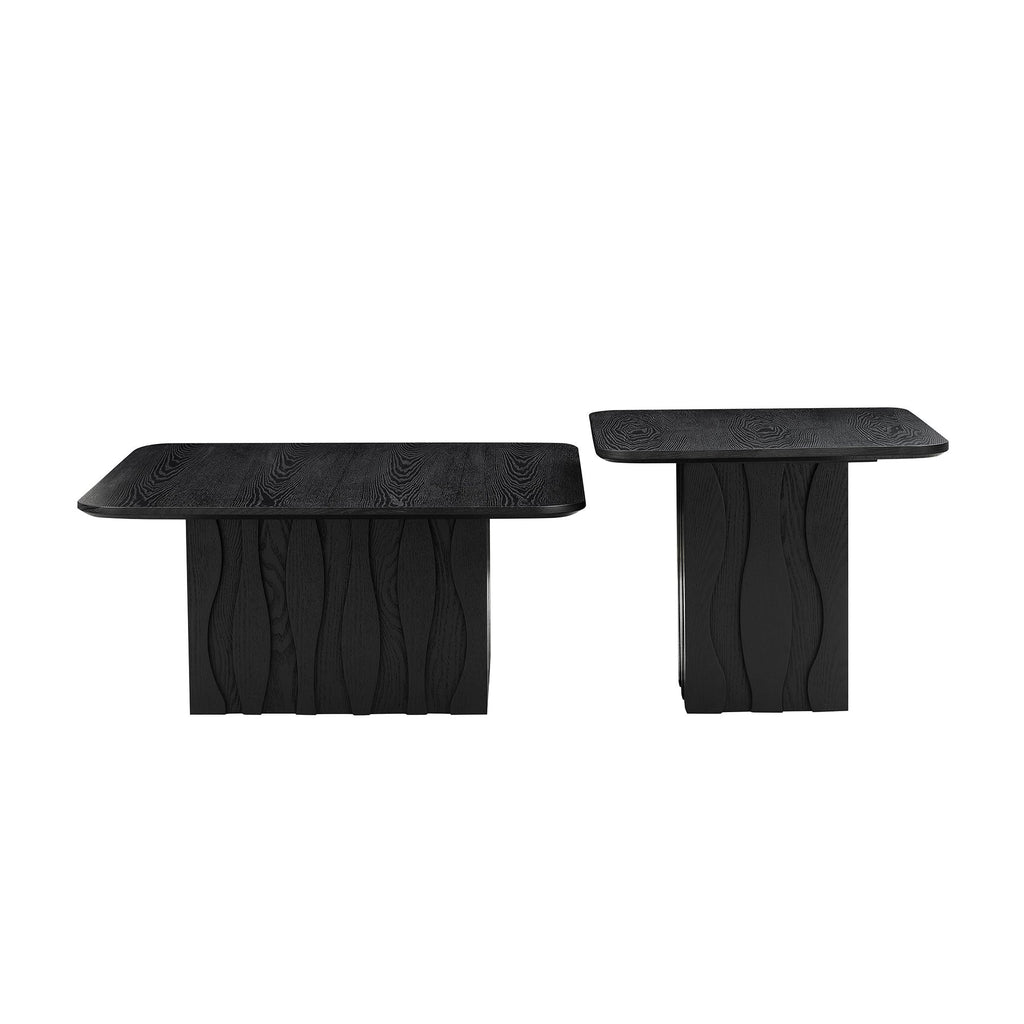 Nesting Square Coffee Table Set with Wavy Fluted Base - Wood Veneer