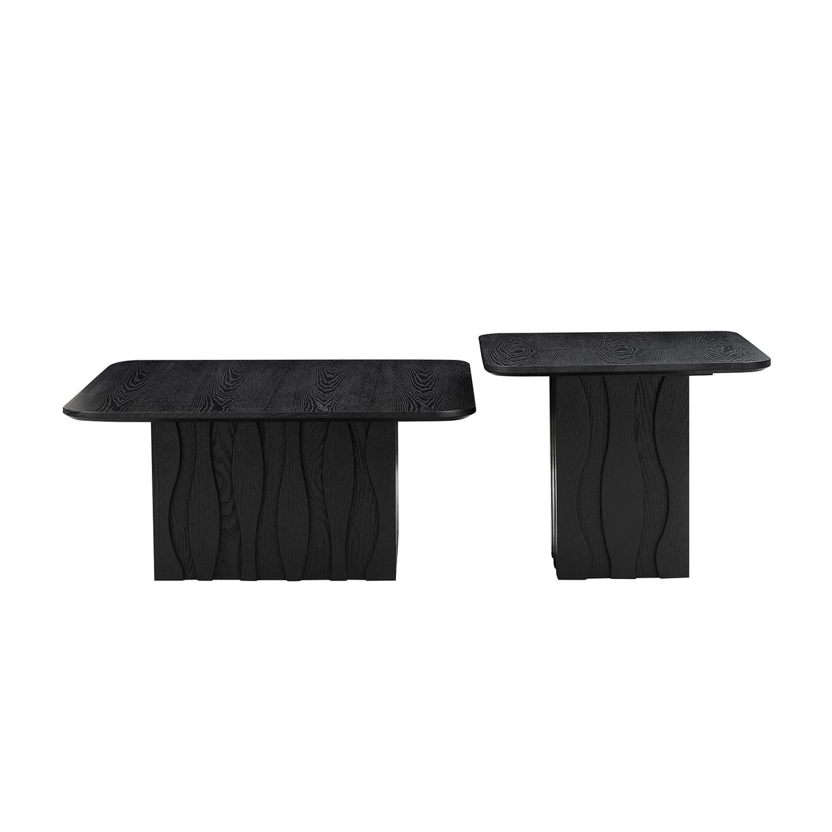 Nesting Square Coffee Table Set with Wavy Fluted Base - Wood Veneer