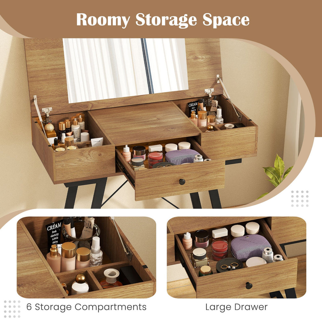 Vanity Desk with Flip Top Mirror Makeup Dressing Table-Rustic Brown