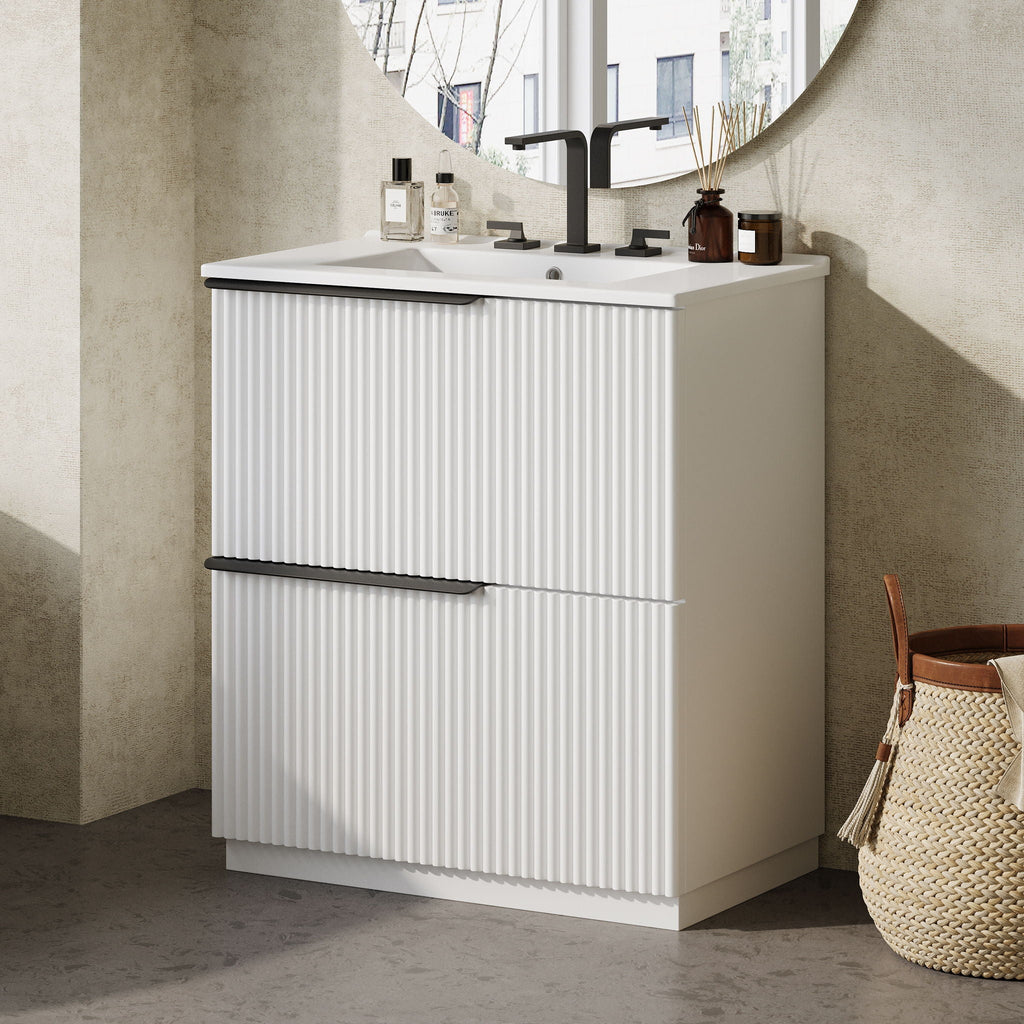 Fluted Bathroom Vanity with Ceramic Sink and Moisture-Proof Cabinet - 30" Wide