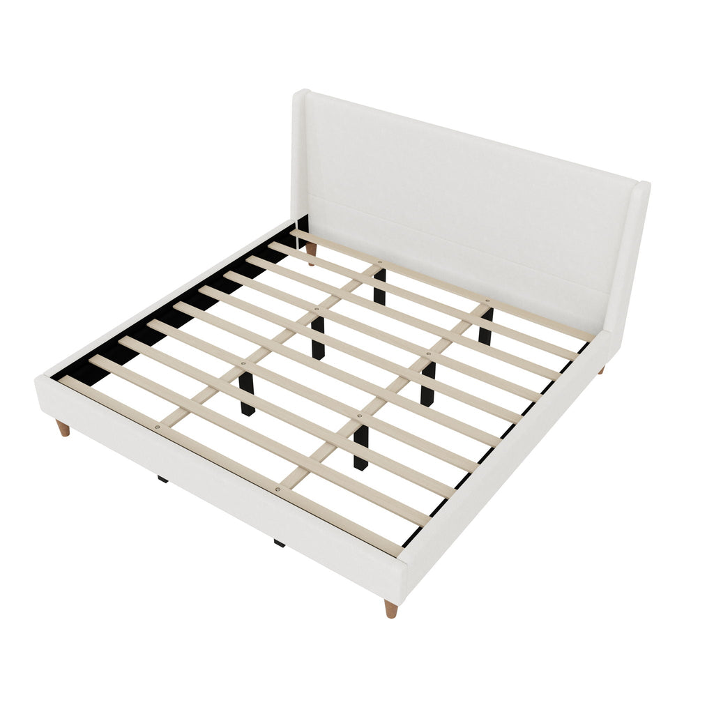 Upholstered Modern Platform Bed with Wingback Headboard - Beige or White