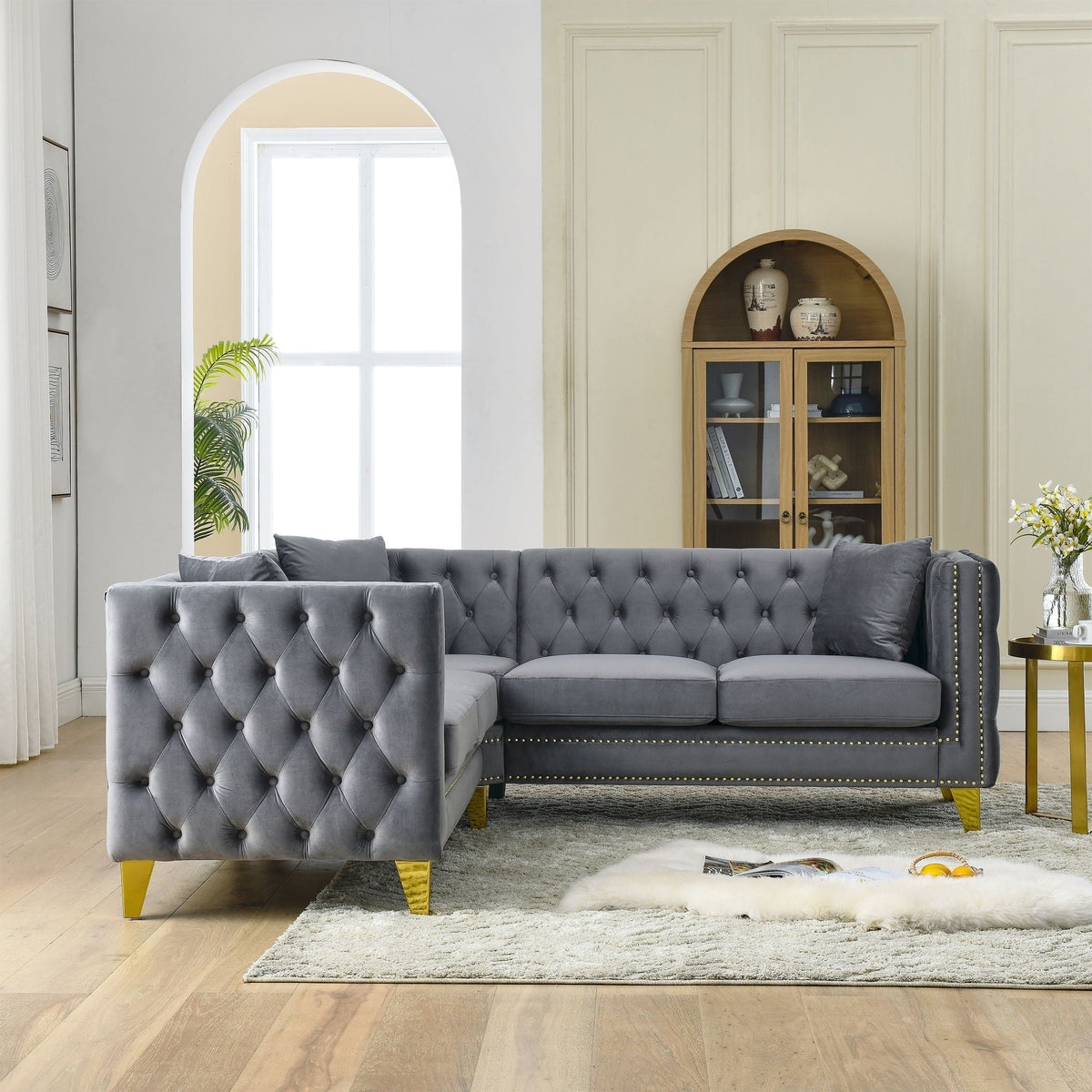 L-Shaped Corner Sofa, 5 Seater Sectional with Tufted Design – Beige or Dark Gray