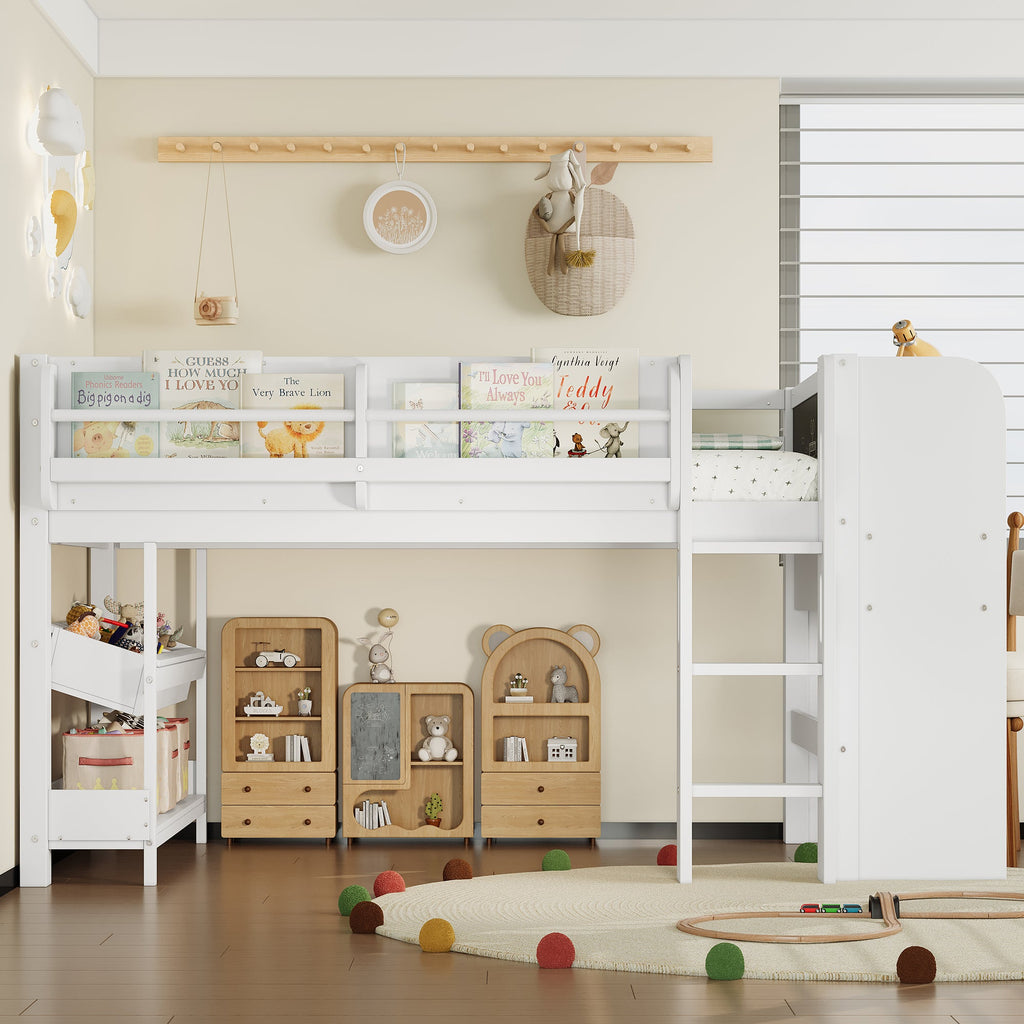 Twin Loft Bed with Multi-Storage Bookcases and Desk - White