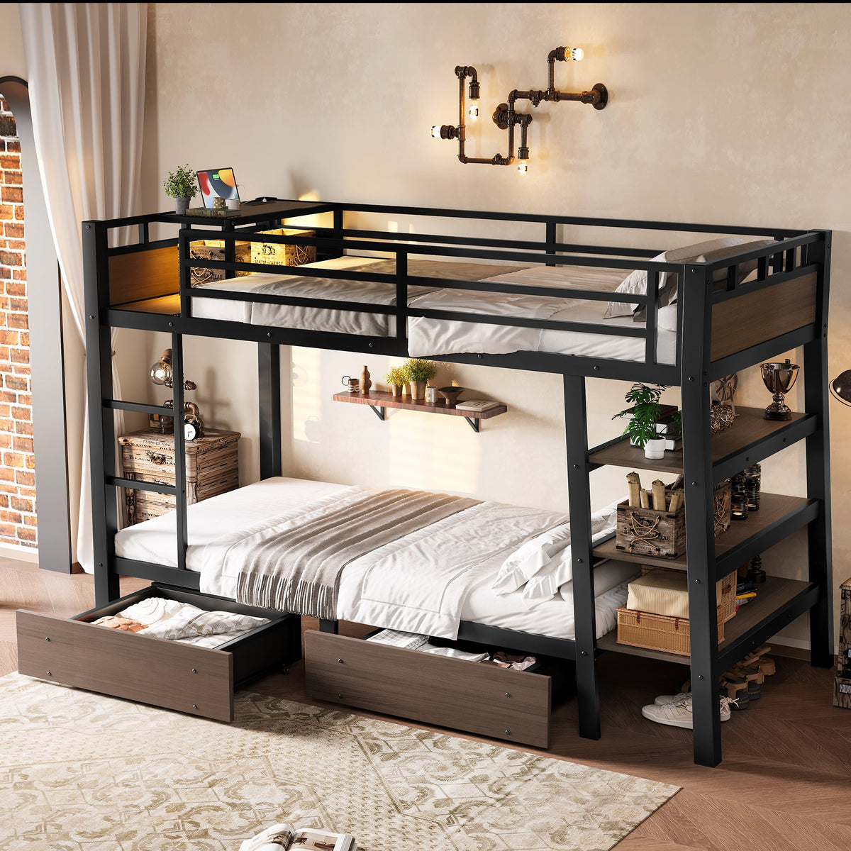 Twin Size Metal Bunk Bed with Storage Shelves and LED Light Strip - Black