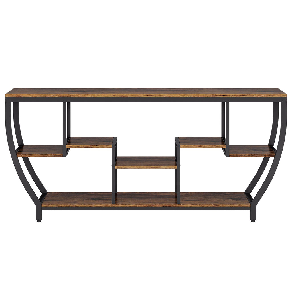 Extra Long Entryway Console Sofa Table with 7 Tier Shelves - Brown / Black