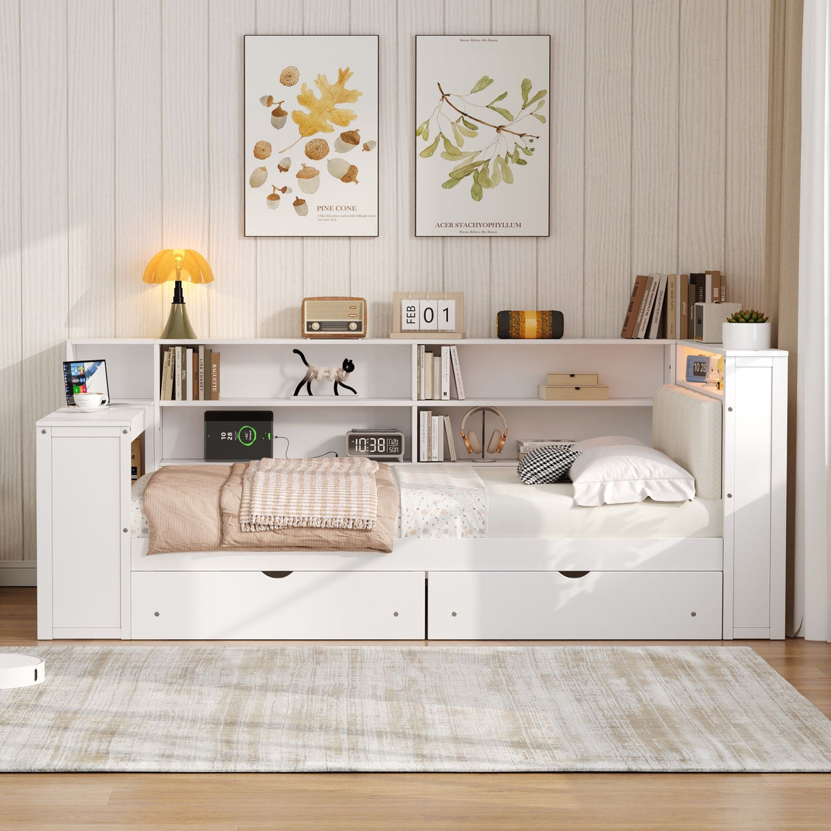 Platform Storage Bed with Shelves, Desk, Charging Station & LED - Full Size
