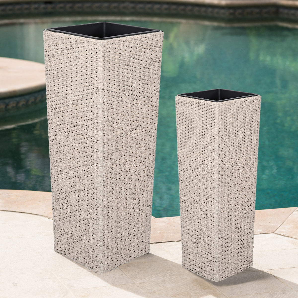 Beige PE Wicker Planters Set with Iron Frame, 2-Piece - Outdoor Flower Pots